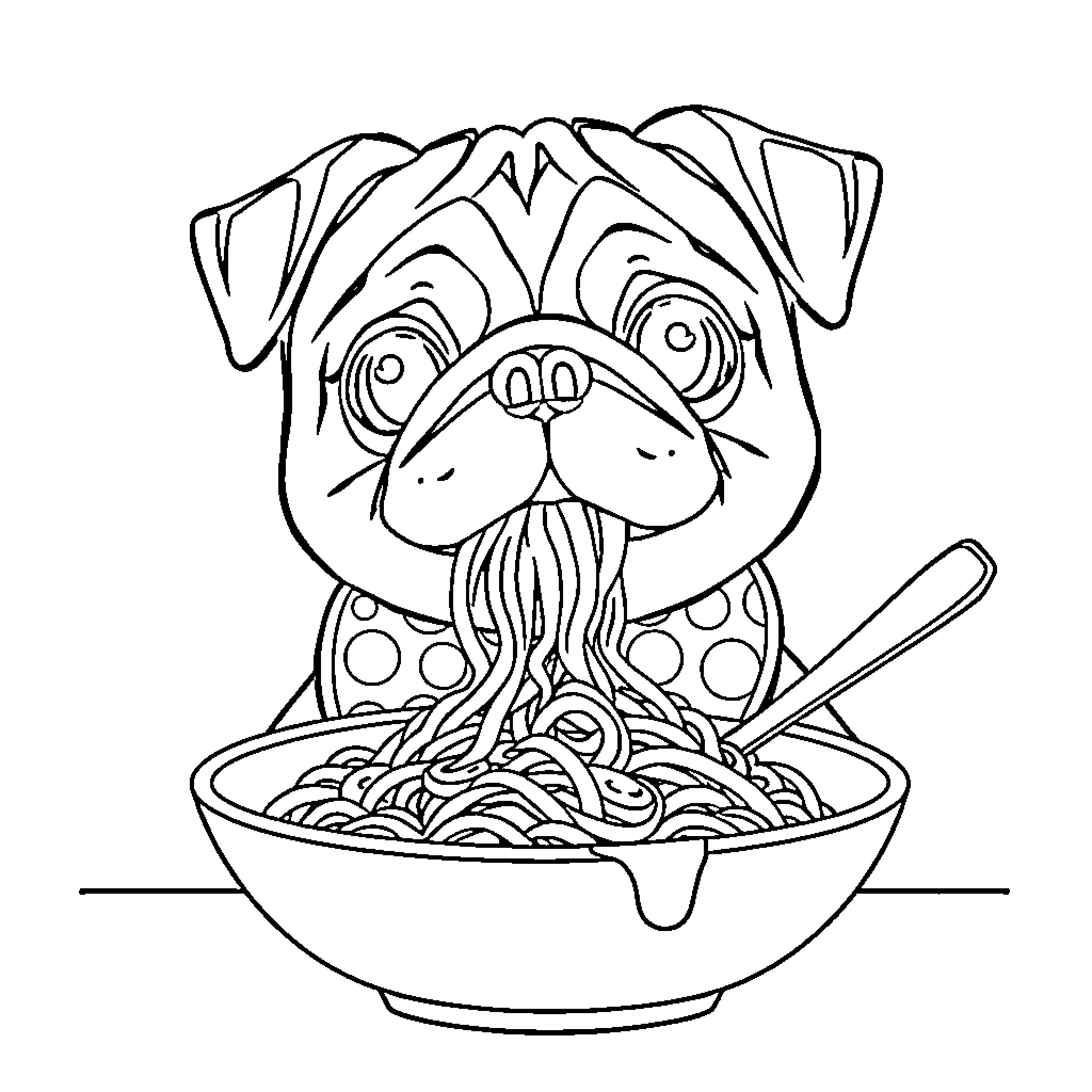 Pug enjoying a bowl of spaghetti Coloring Page (free black-and-white line drawing printable PDF for all, from beginners to advanced learners, including children, teens, adults, and seniors)