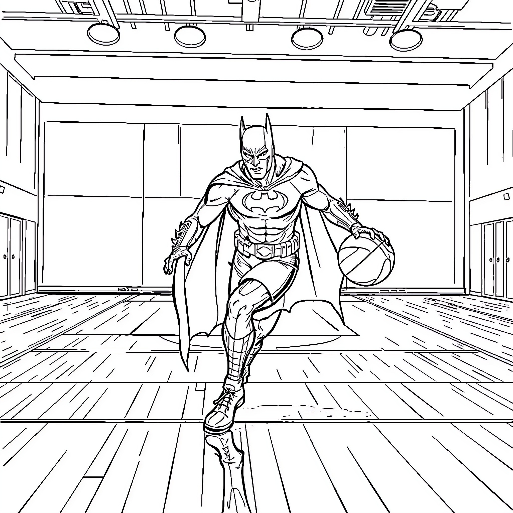 Batman in Action Pose in Stylized Room Coloring Page (free black-and-white line drawing printable PDF for all, from beginners to advanced learners, including children, teens, adults, and seniors)