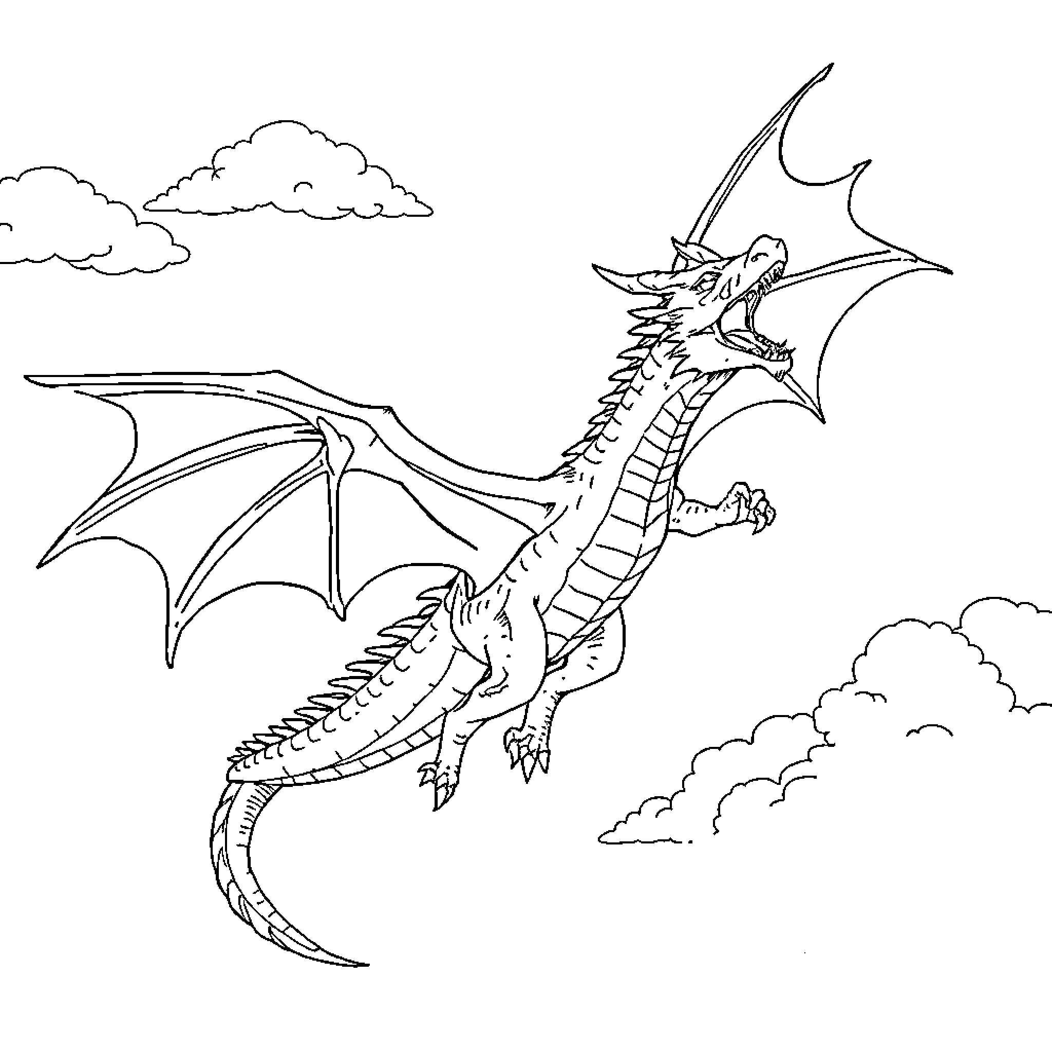Dragon Soaring Majestically Through Cloudy Skies Coloring Page (free black-and-white line drawing printable PDF for all, from beginners to advanced learners, including children, teens, adults, and seniors)