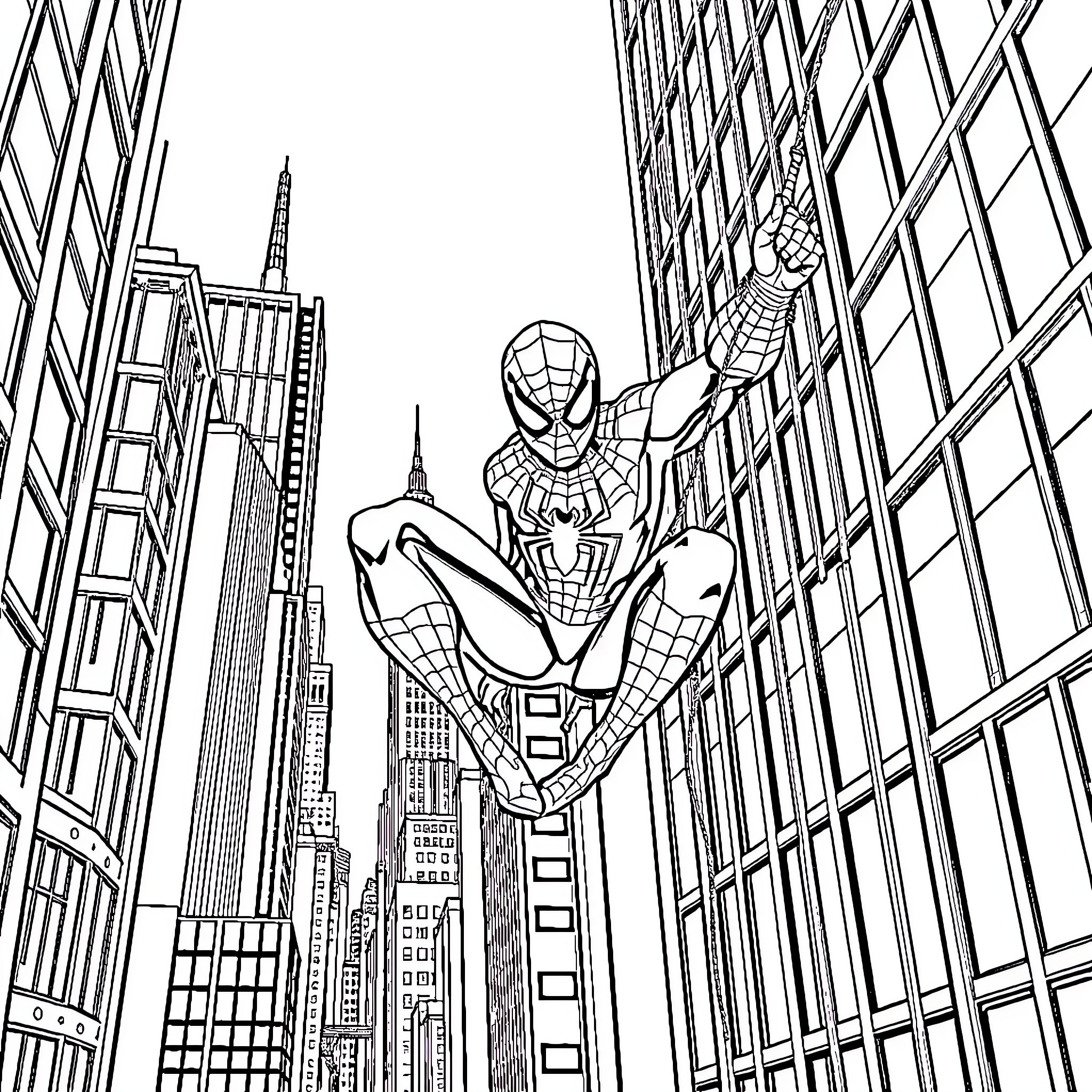Spiderman swinging between skyscrapers in the city Coloring Page (free black-and-white line drawing printable PDF for all, from beginners to advanced learners, including children, teens, adults, and seniors)