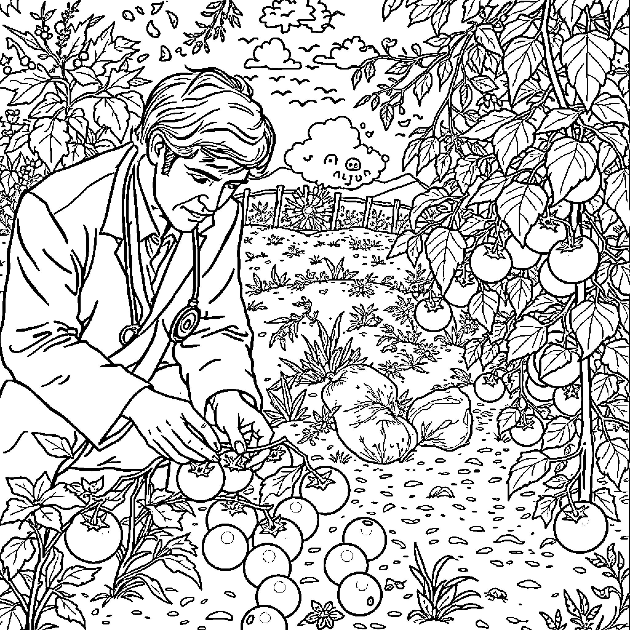 Doctor Tending to Vegetable Garden Coloring Page (free black-and-white line drawing printable PDF for all, from beginners to advanced learners, including children, teens, adults, and seniors)