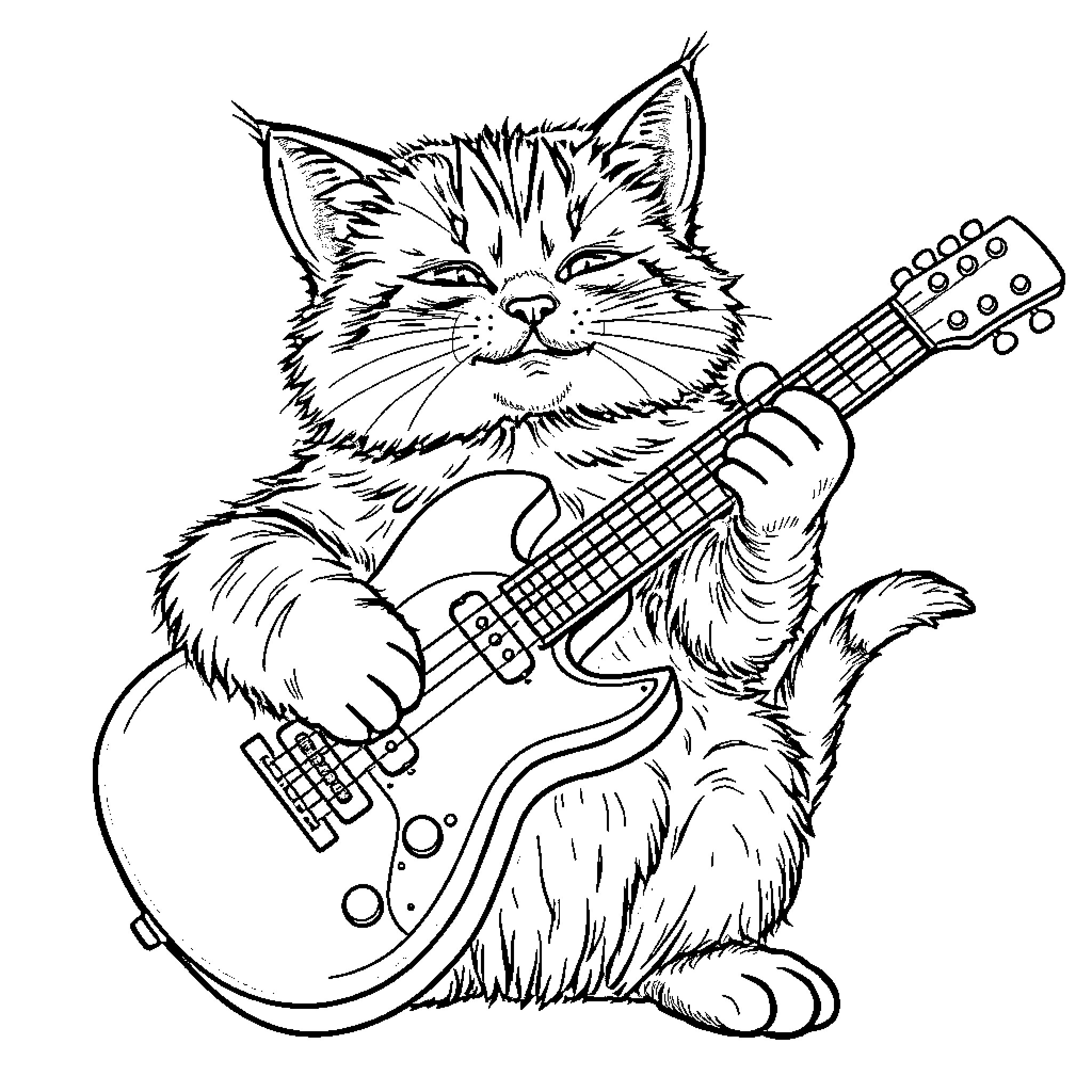 Cat playing guitar with a serious expression Coloring Page (free black-and-white line drawing printable PDF for all, from beginners to advanced learners, including children, teens, adults, and seniors)