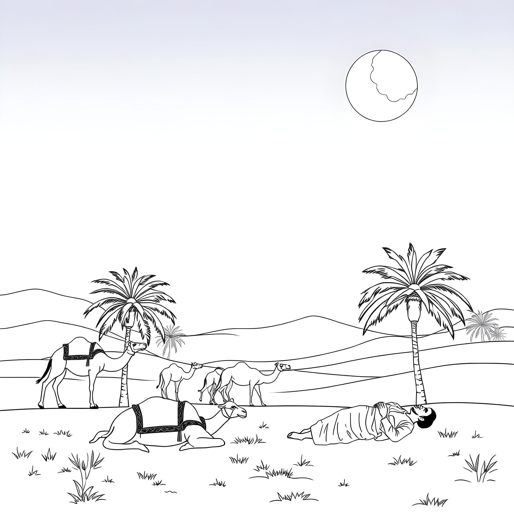 Man relaxing in desert oasis with camels Coloring Page (free black-and-white line drawing printable PDF for all, from beginners to advanced learners, including children, teens, adults, and seniors)