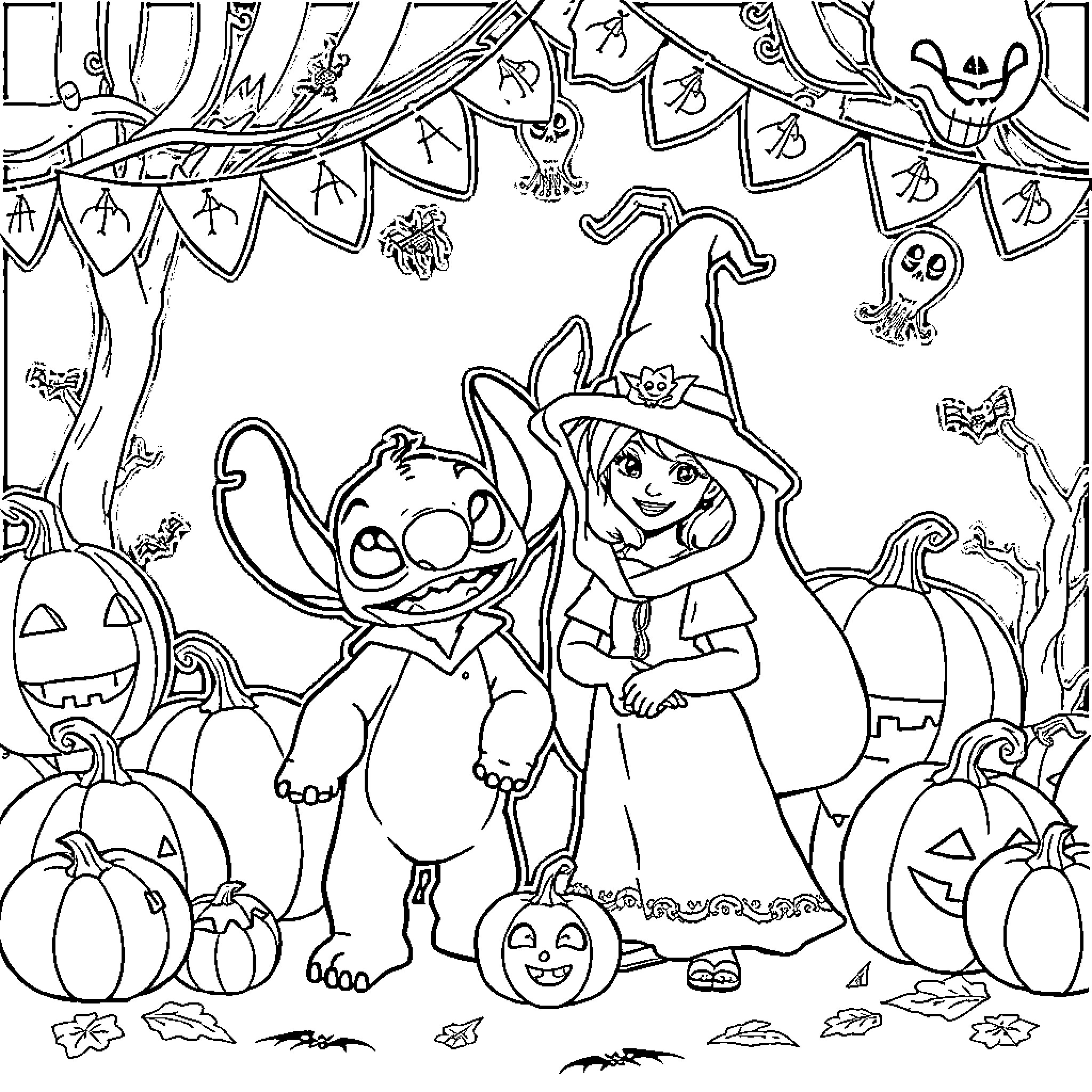 Lilo's Spooky Halloween Adventure Coloring Page (free black-and-white line drawing printable PDF for all, from beginners to advanced learners, including children, teens, adults, and seniors)