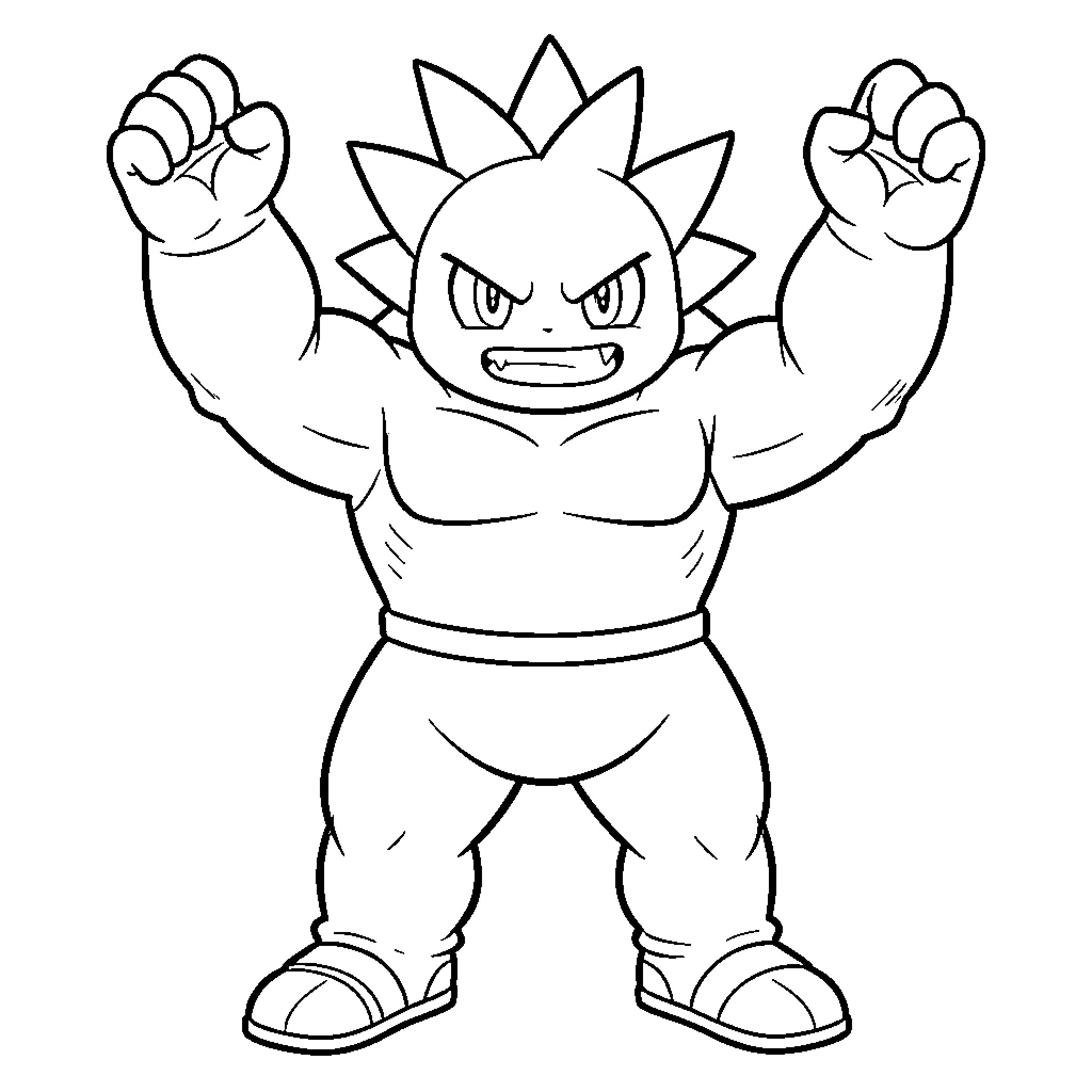 Machop unleashing powerful pose Coloring Page (free black-and-white line drawing printable PDF for all, from beginners to advanced learners, including children, teens, adults, and seniors)