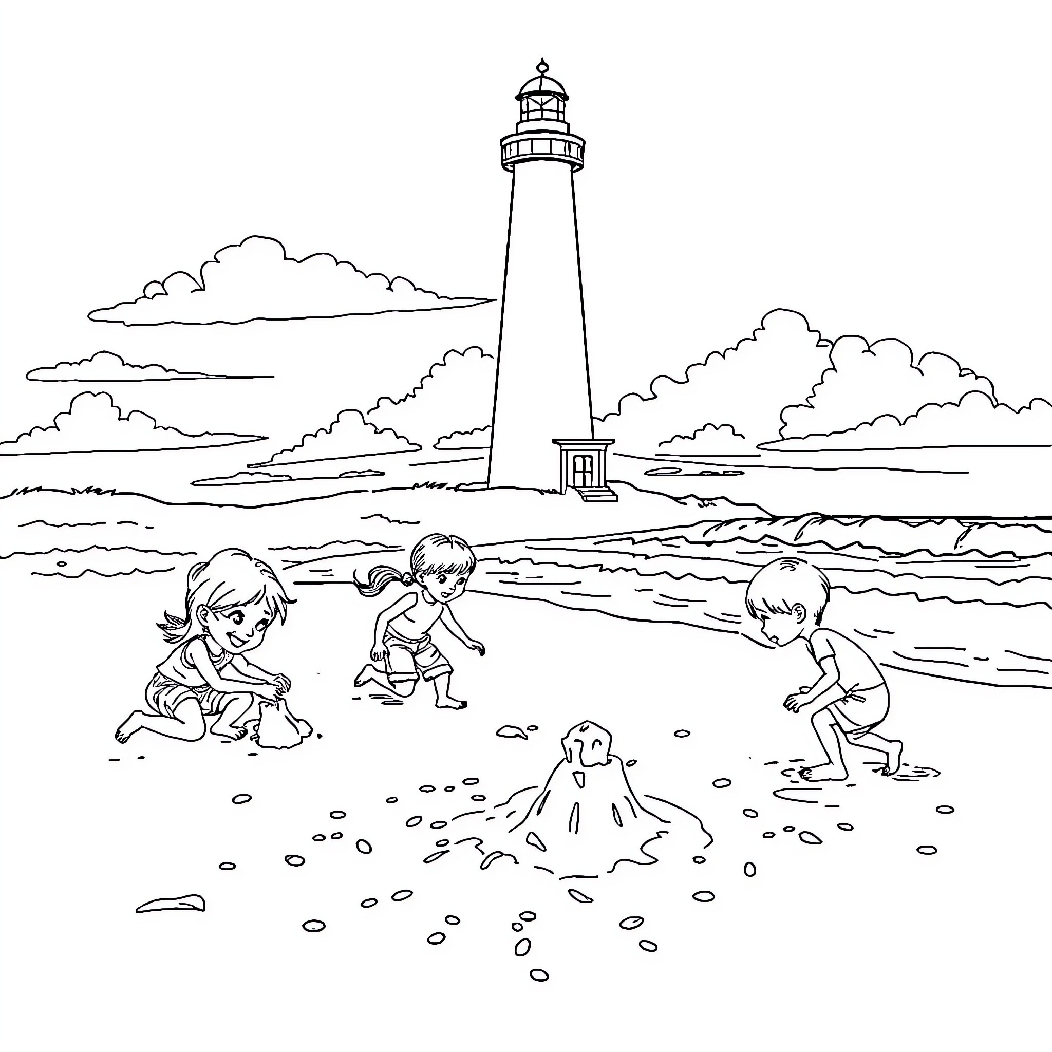 Kid playing happily by the lighthouse Coloring Page (free black-and-white line drawing printable PDF for all, from beginners to advanced learners, including children, teens, adults, and seniors)