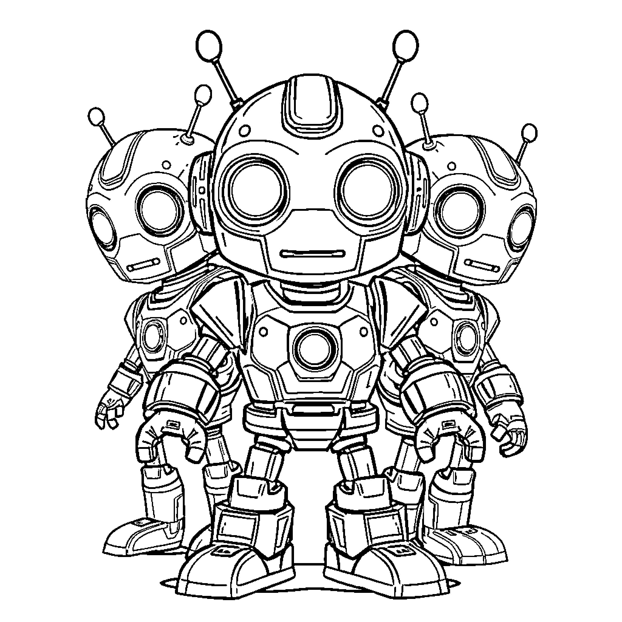 Robot Squad with Unique Mechanical Designs Coloring Page (free black-and-white line drawing printable PDF for all, from beginners to advanced learners, including children, teens, adults, and seniors)