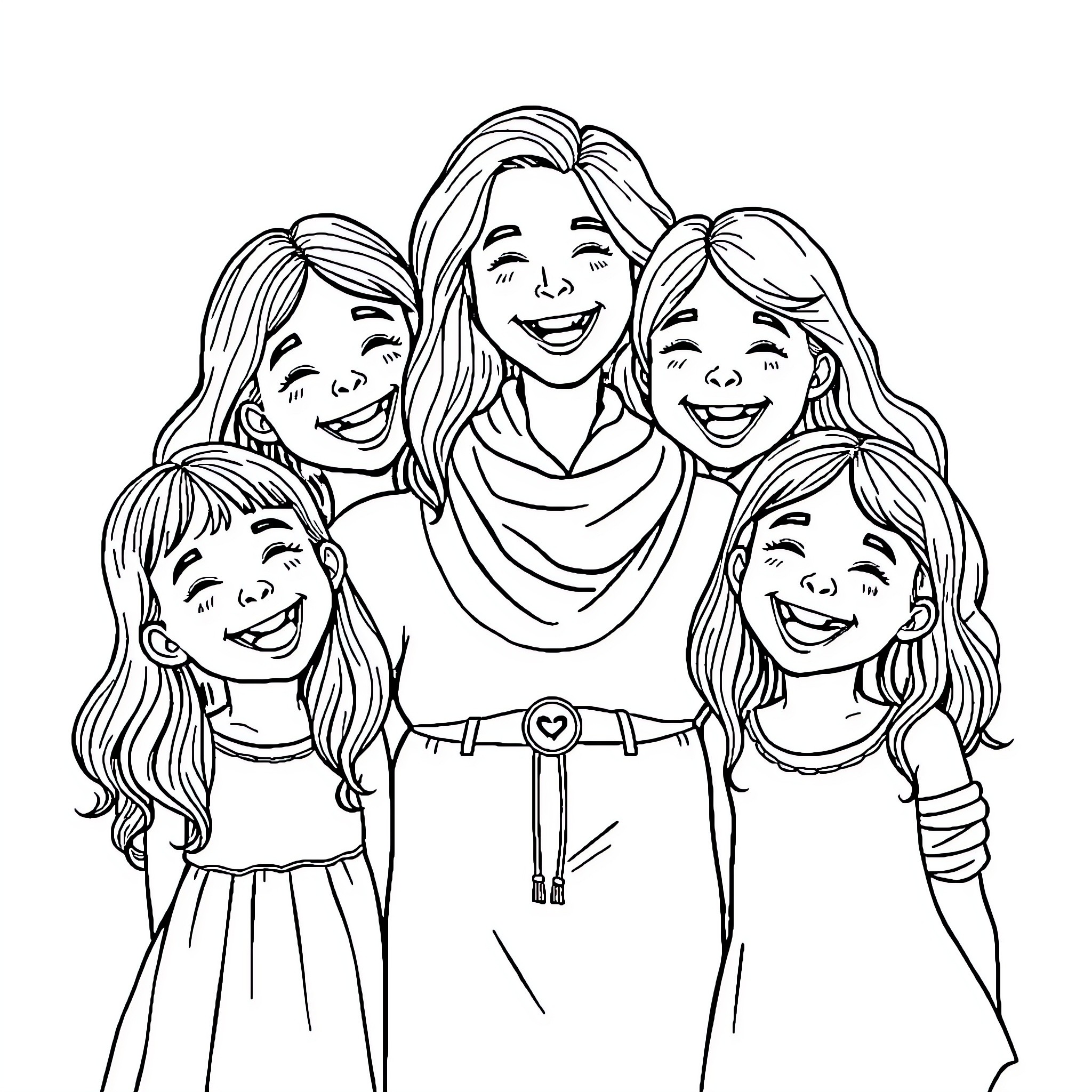 Mom with her smiling daughters Coloring Page (free black-and-white line drawing printable PDF for all, from beginners to advanced learners, including children, teens, adults, and seniors)