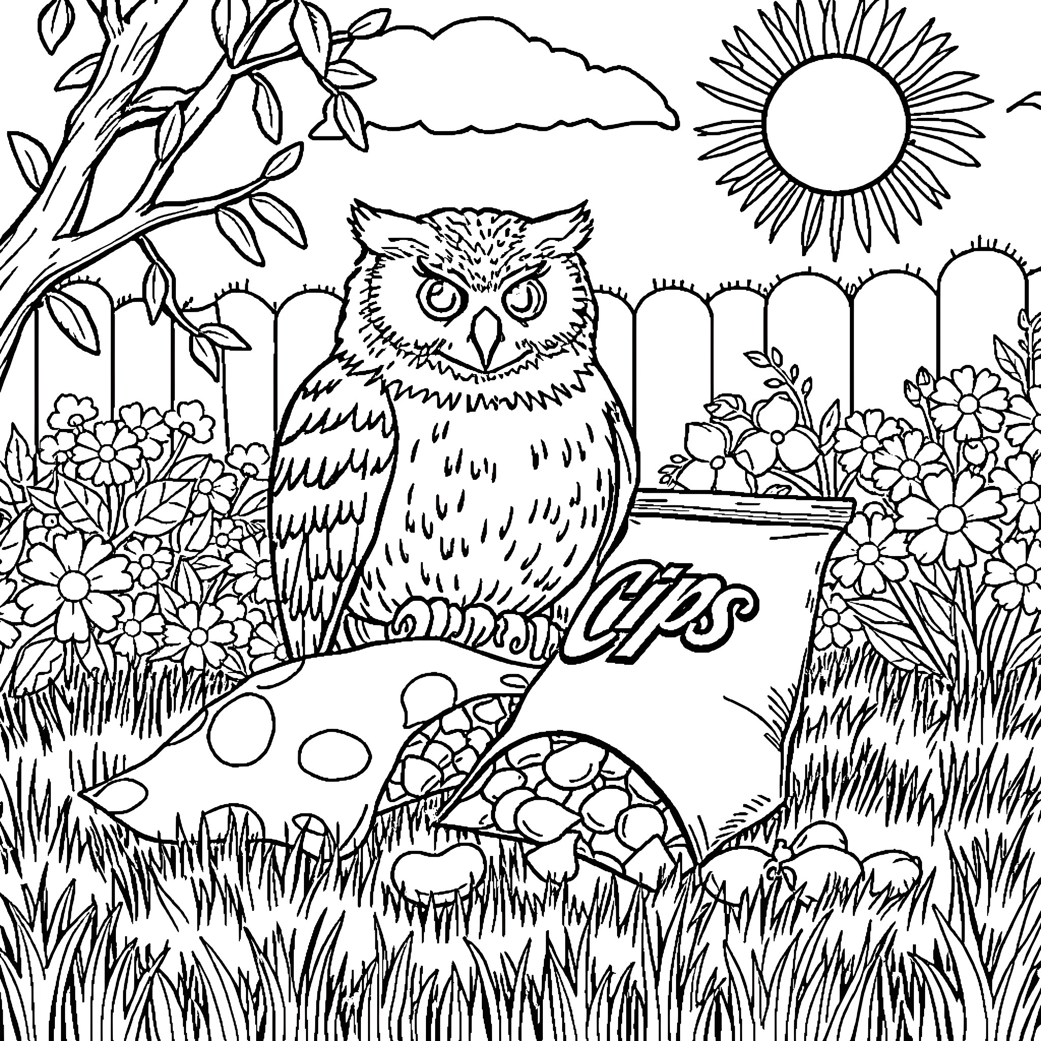 Owl in a Peaceful Garden Scene Coloring Page (free black-and-white line drawing printable PDF for all, from beginners to advanced learners, including children, teens, adults, and seniors)