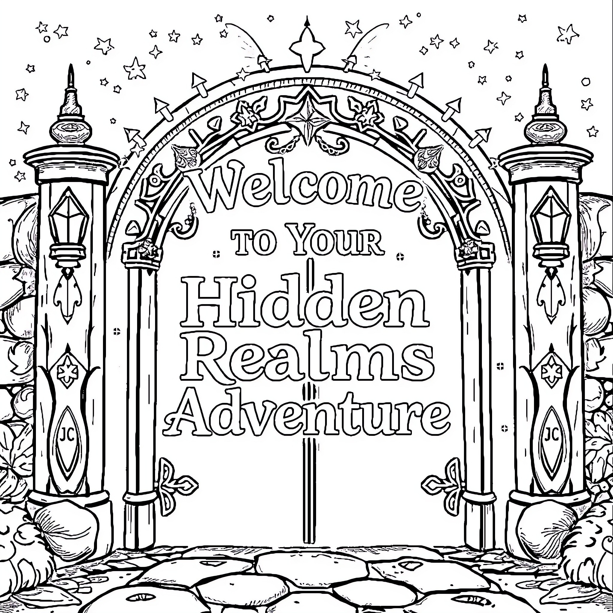 Gate to Hidden Realms Adventure Coloring Page (free black-and-white line drawing printable PDF for all, from beginners to advanced learners, including children, teens, adults, and seniors)