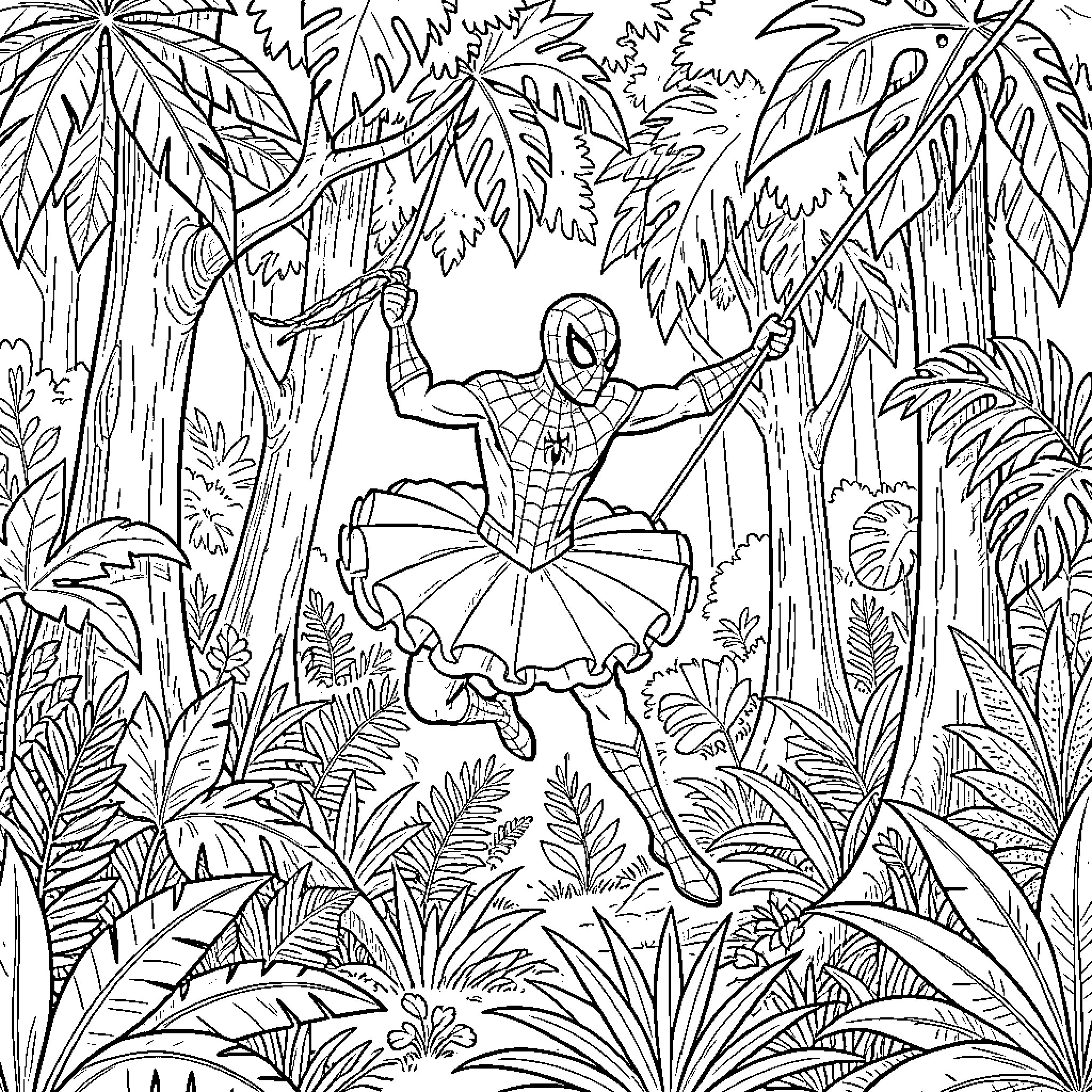 Spiderman dancing in a lush jungle setting Coloring Page (free black-and-white line drawing printable PDF for all, from beginners to advanced learners, including children, teens, adults, and seniors)