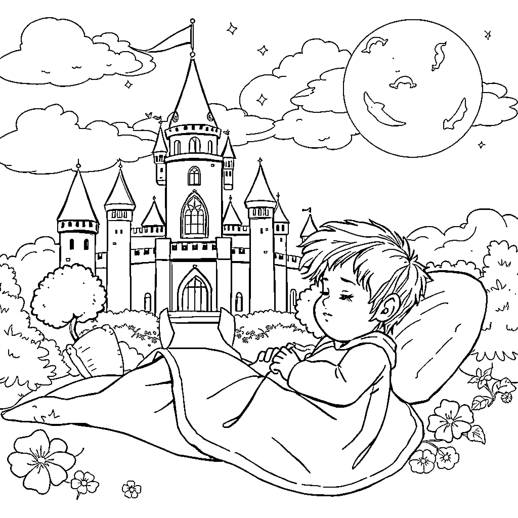 Enfant gazing at magical castle in moonlit landscape Coloring Page (free black-and-white line drawing printable PDF for all, from beginners to advanced learners, including children, teens, adults, and seniors)