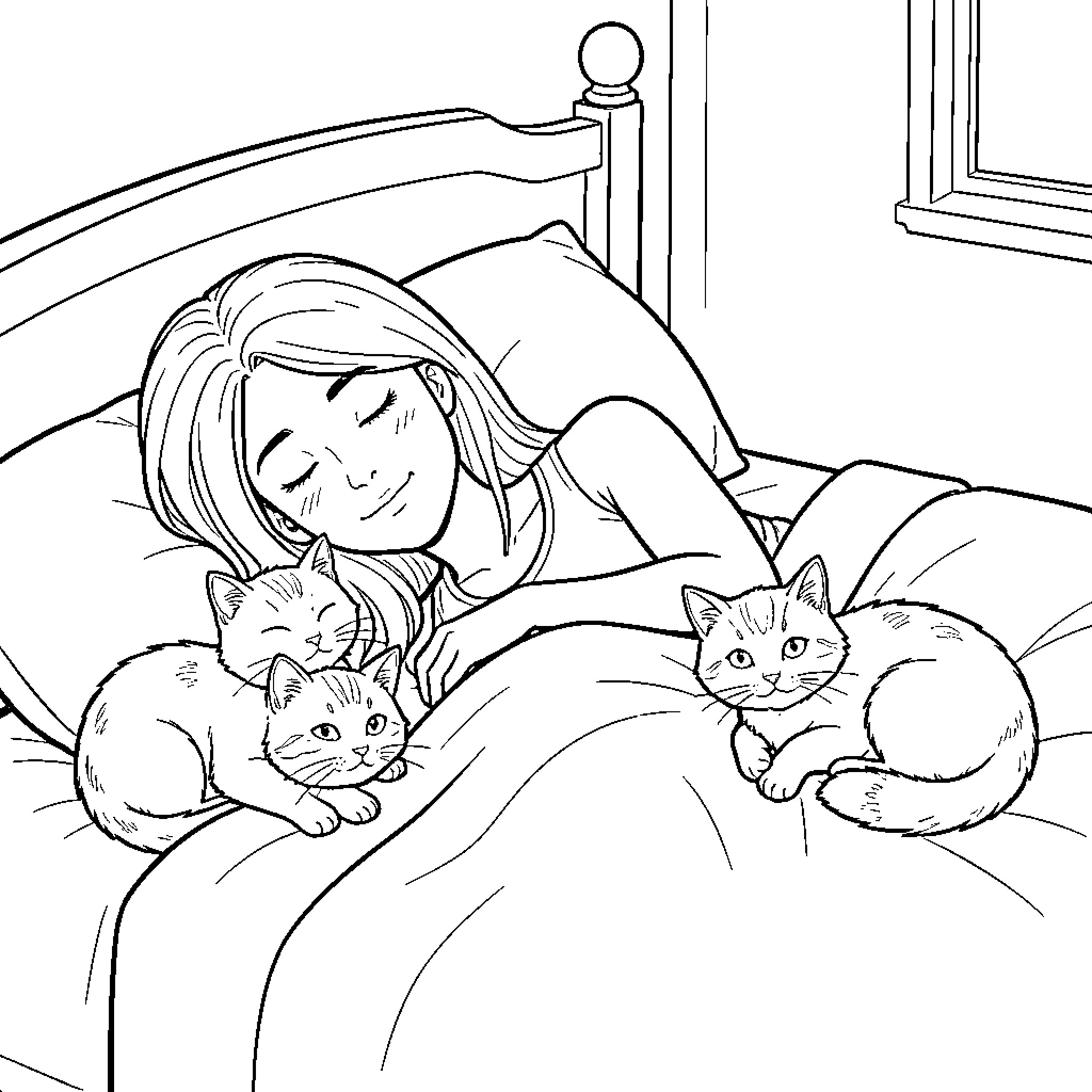 Woman sleeping peacefully with her pet cats Coloring Page (free black-and-white line drawing printable PDF for all, from beginners to advanced learners, including children, teens, adults, and seniors)