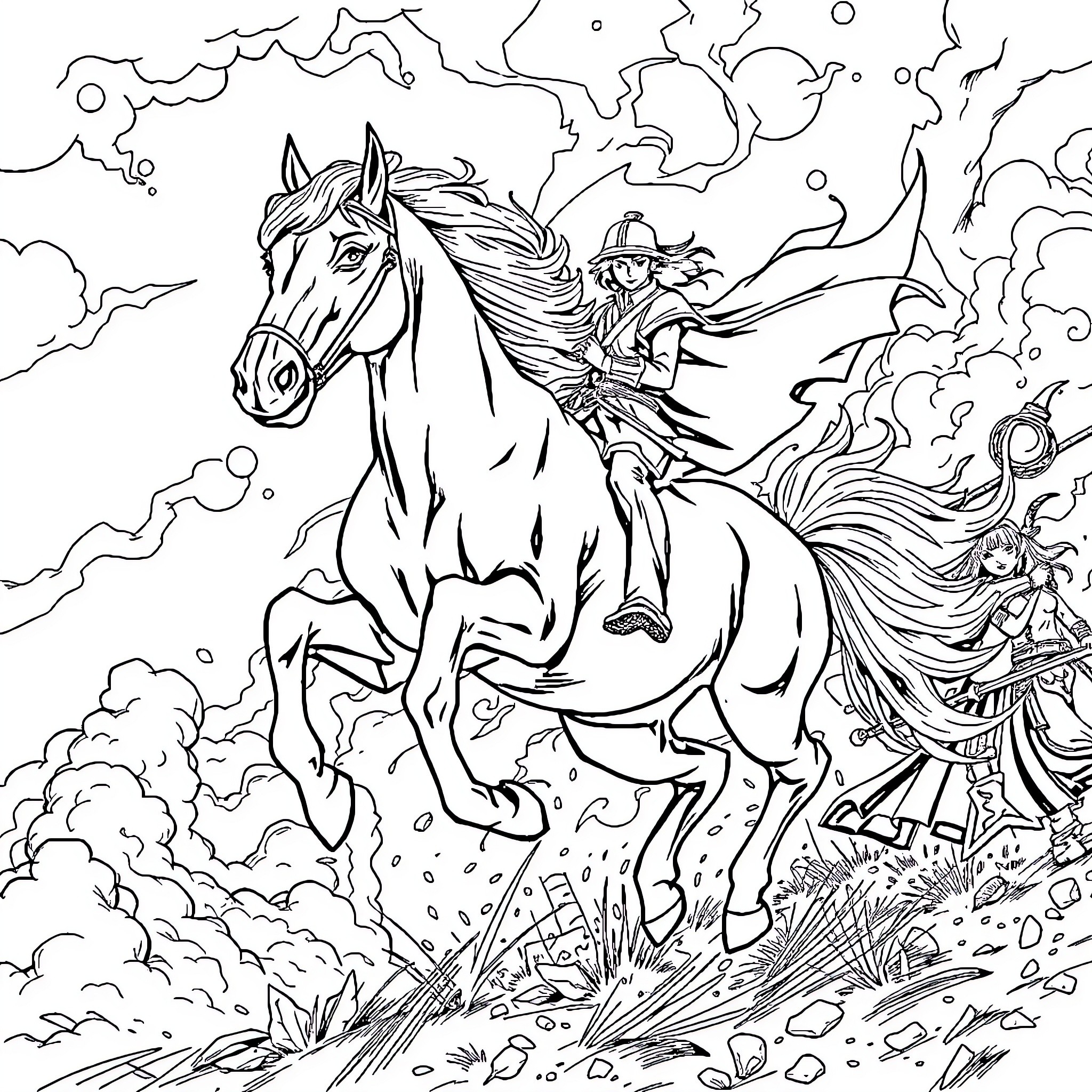 Horse and rider galloping through a fantastical landscape Coloring Page (free black-and-white line drawing printable PDF for all, from beginners to advanced learners, including children, teens, adults, and seniors)