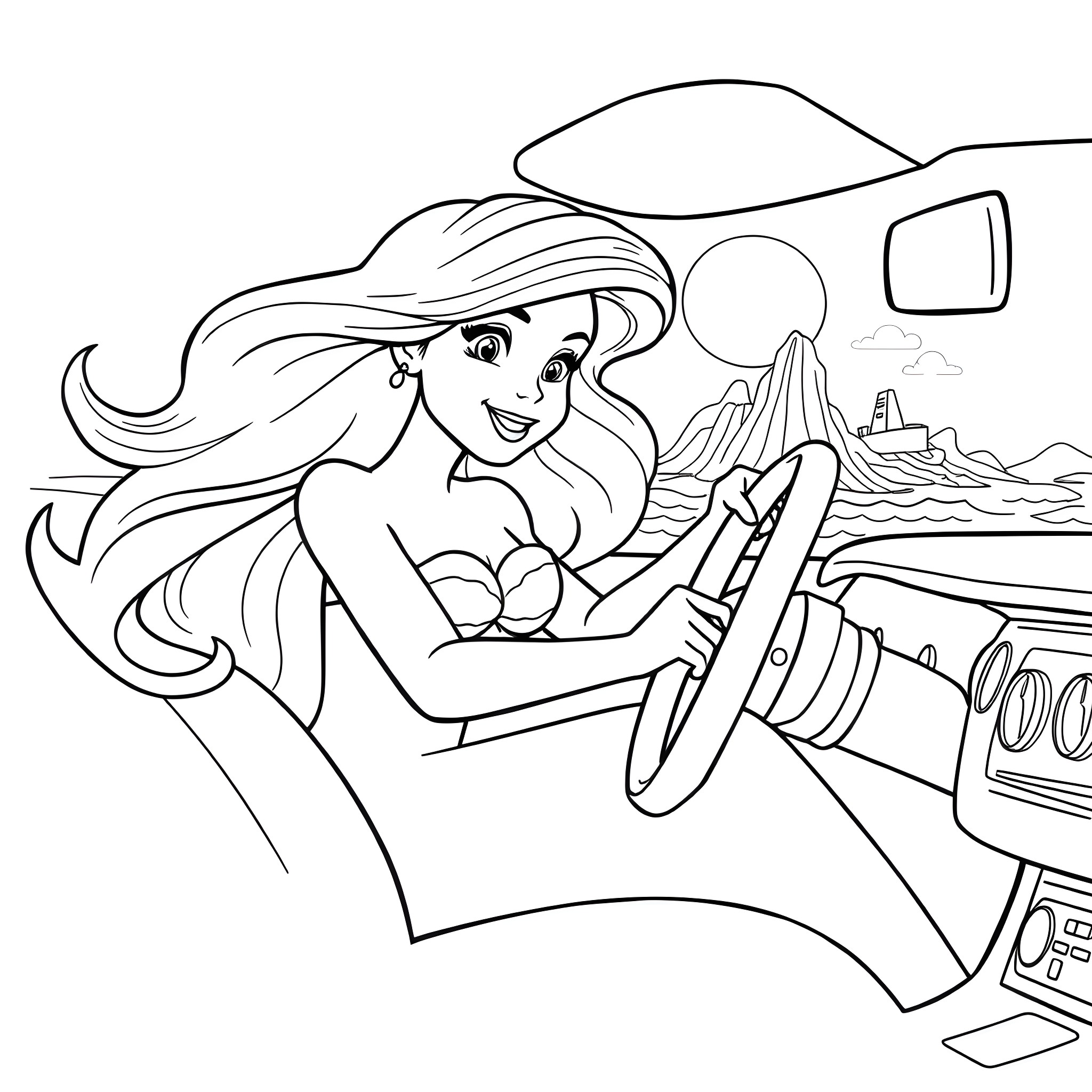 Ariel driving a speedboat in the ocean Coloring Page (free black-and-white line drawing printable PDF for all, from beginners to advanced learners, including children, teens, adults, and seniors)