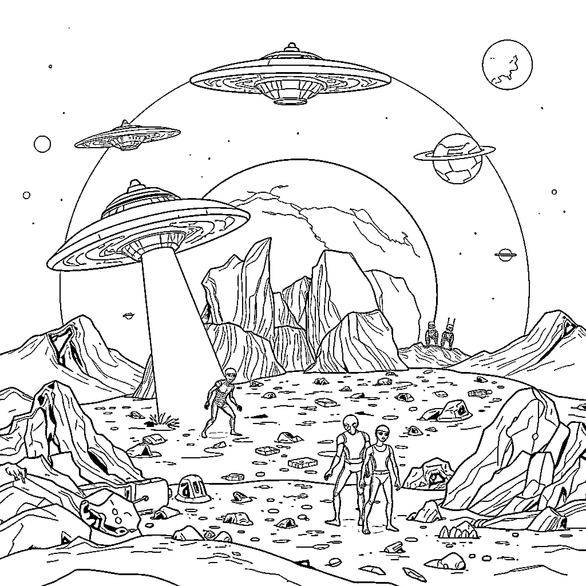 Alien spacecraft exploring an otherworldly landscape Coloring Page (free black-and-white line drawing printable PDF for all, from beginners to advanced learners, including children, teens, adults, and seniors)