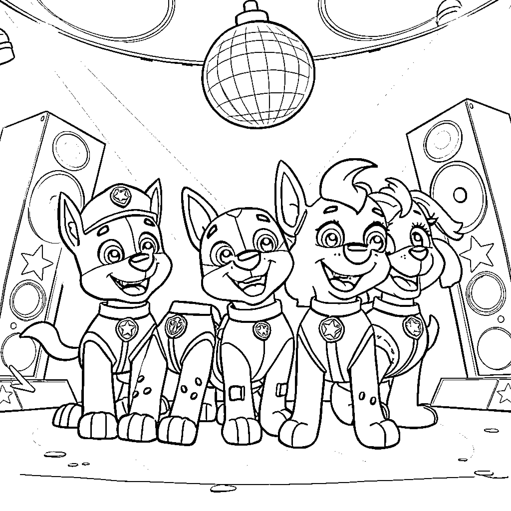 Paw Patrol Puppies Performing on Stage Coloring Page (free black-and-white line drawing printable PDF for all, from beginners to advanced learners, including children, teens, adults, and seniors)