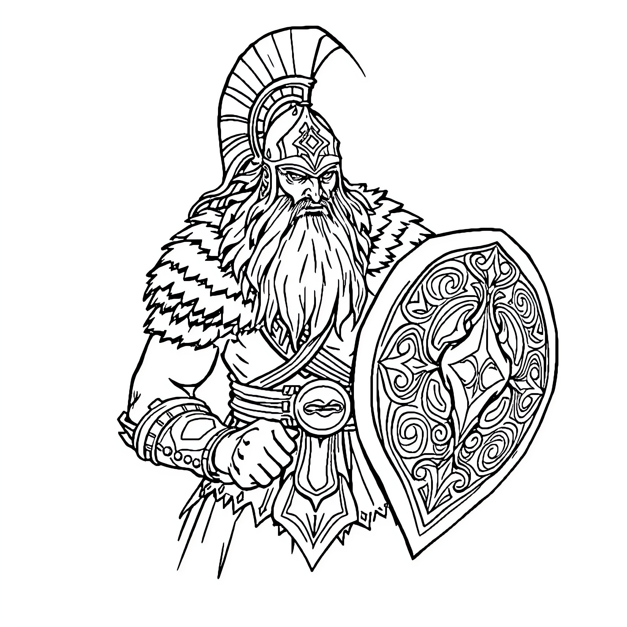 Celtic Warrior in Ornate Armor Wielding Shield Coloring Page (free black-and-white line drawing printable PDF for all, from beginners to advanced learners, including children, teens, adults, and seniors)