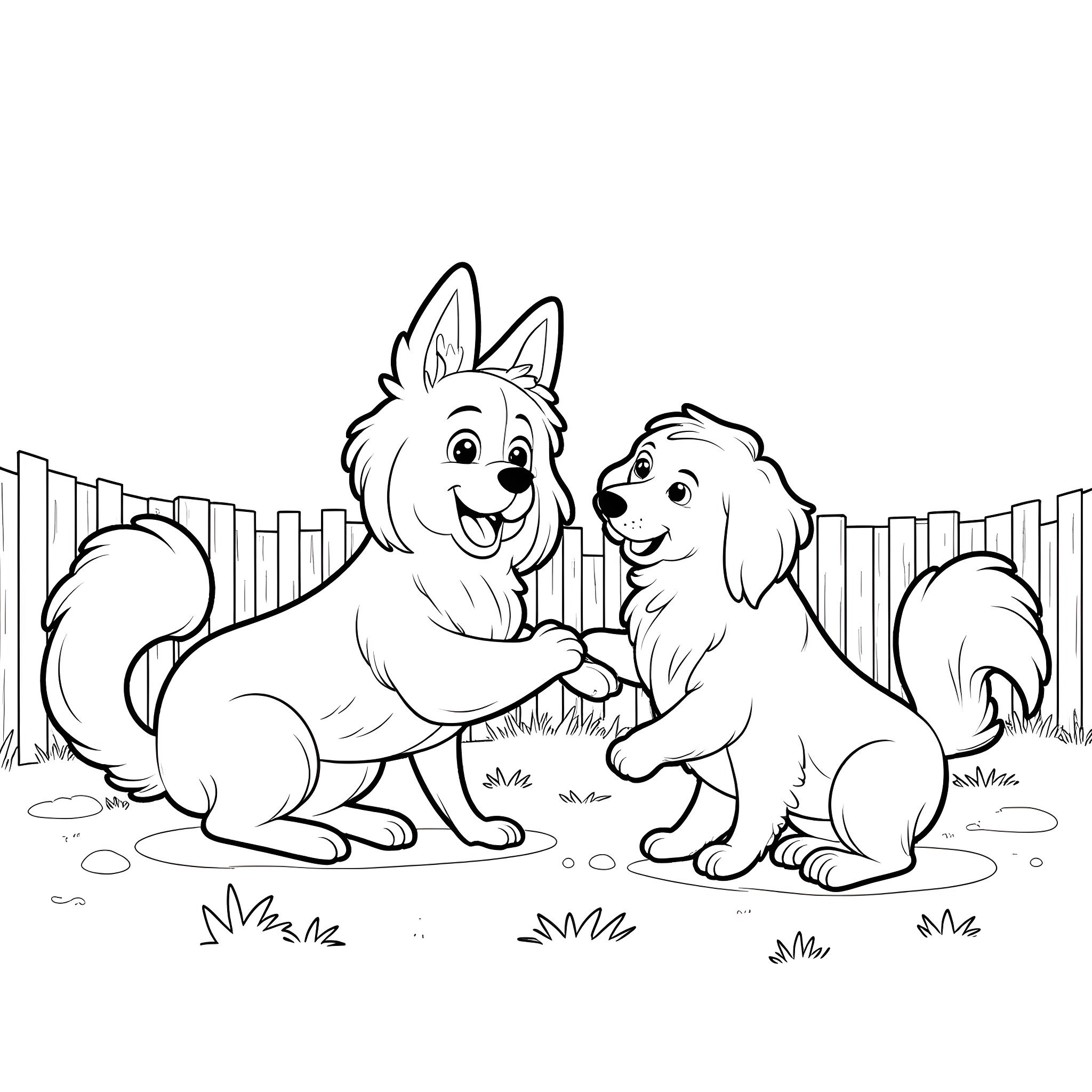 Bluey and friend playing together outside Coloring Page (free black-and-white line drawing printable PDF for all, from beginners to advanced learners, including children, teens, adults, and seniors)