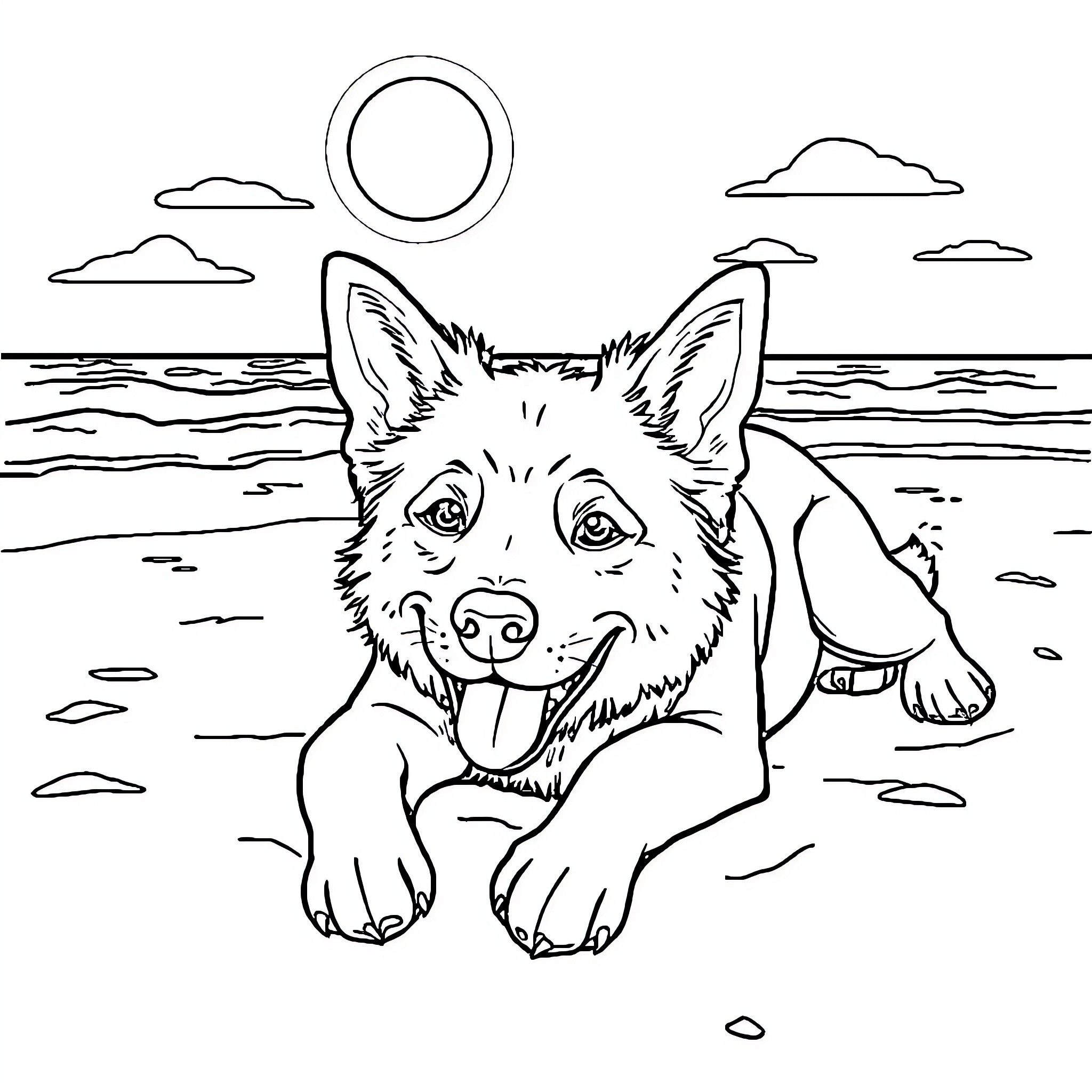 Dog enjoying the beach landscape Coloring Page (free black-and-white line drawing printable PDF for all, from beginners to advanced learners, including children, teens, adults, and seniors)