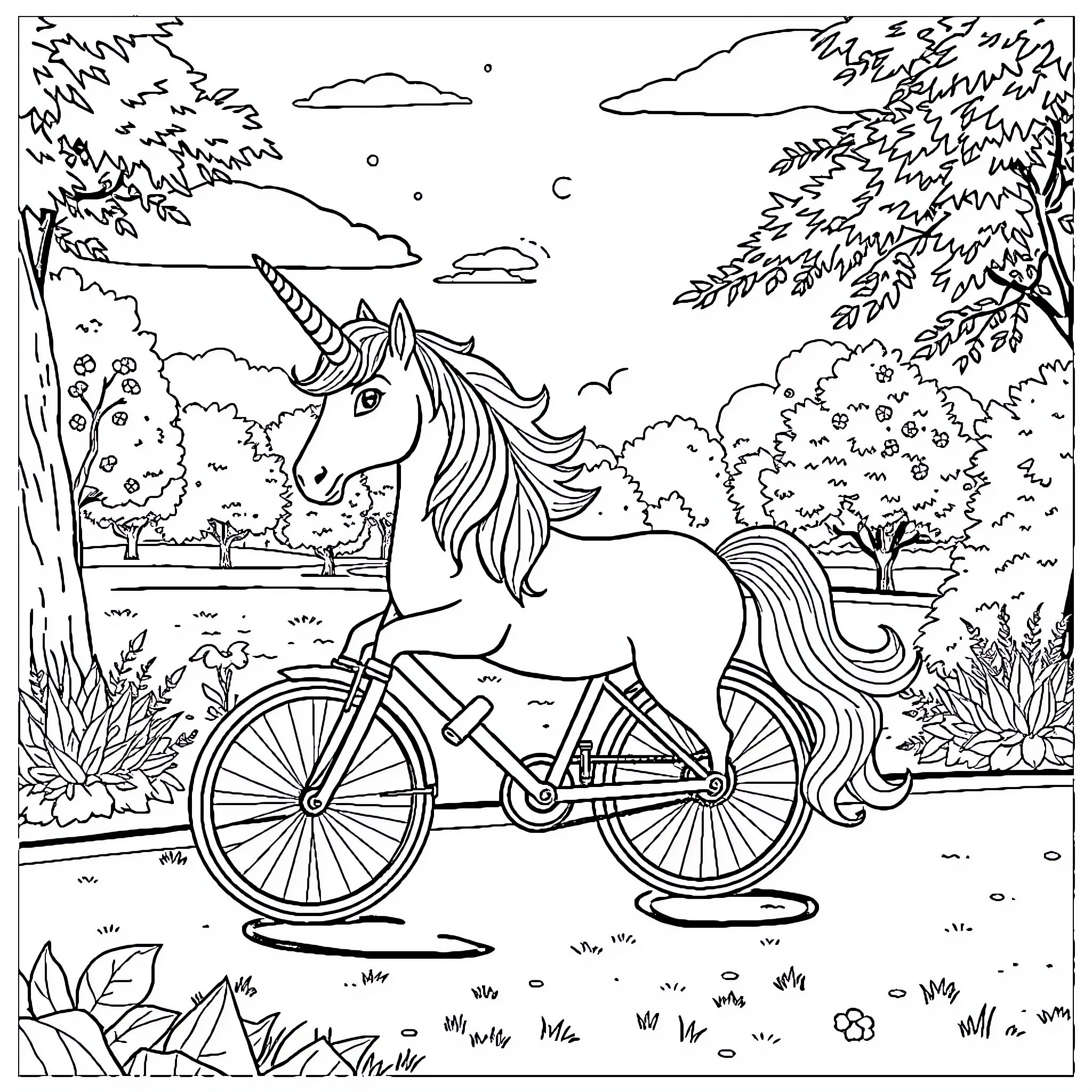 Unicorn riding a bicycle through a scenic landscape Coloring Page (free black-and-white line drawing printable PDF for all, from beginners to advanced learners, including children, teens, adults, and seniors)
