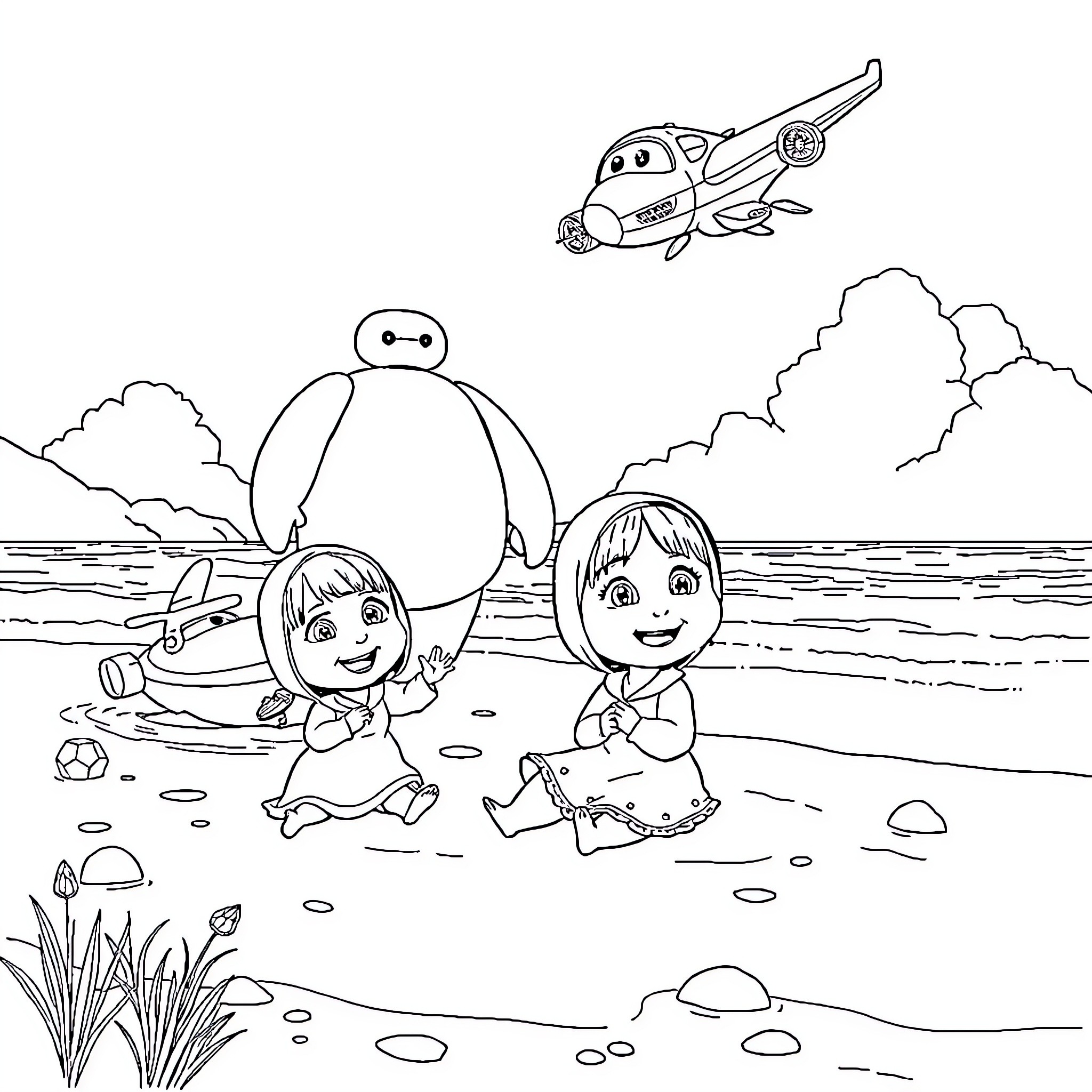 Masha playing with friends on the beach Coloring Page (free black-and-white line drawing printable PDF for all, from beginners to advanced learners, including children, teens, adults, and seniors)
