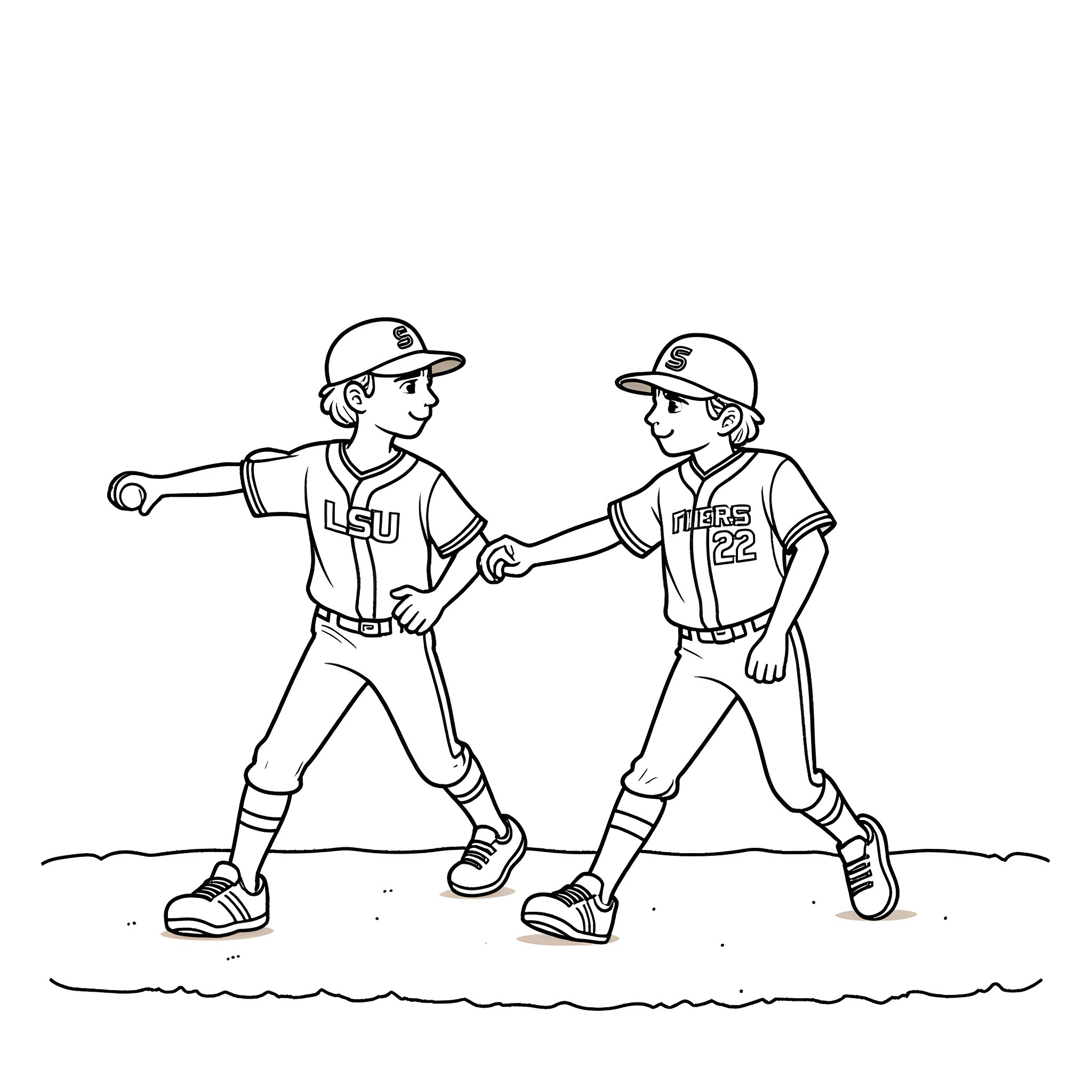 Brother baseball players high-fiving on the field Coloring Page (free black-and-white line drawing printable PDF for all, from beginners to advanced learners, including children, teens, adults, and seniors)