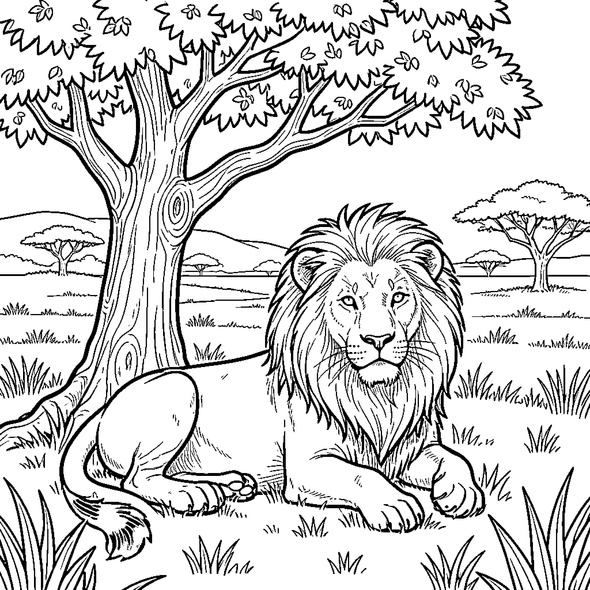 Lion resting peacefully under a large tree Coloring Page (free black-and-white line drawing printable PDF for all, from beginners to advanced learners, including children, teens, adults, and seniors)