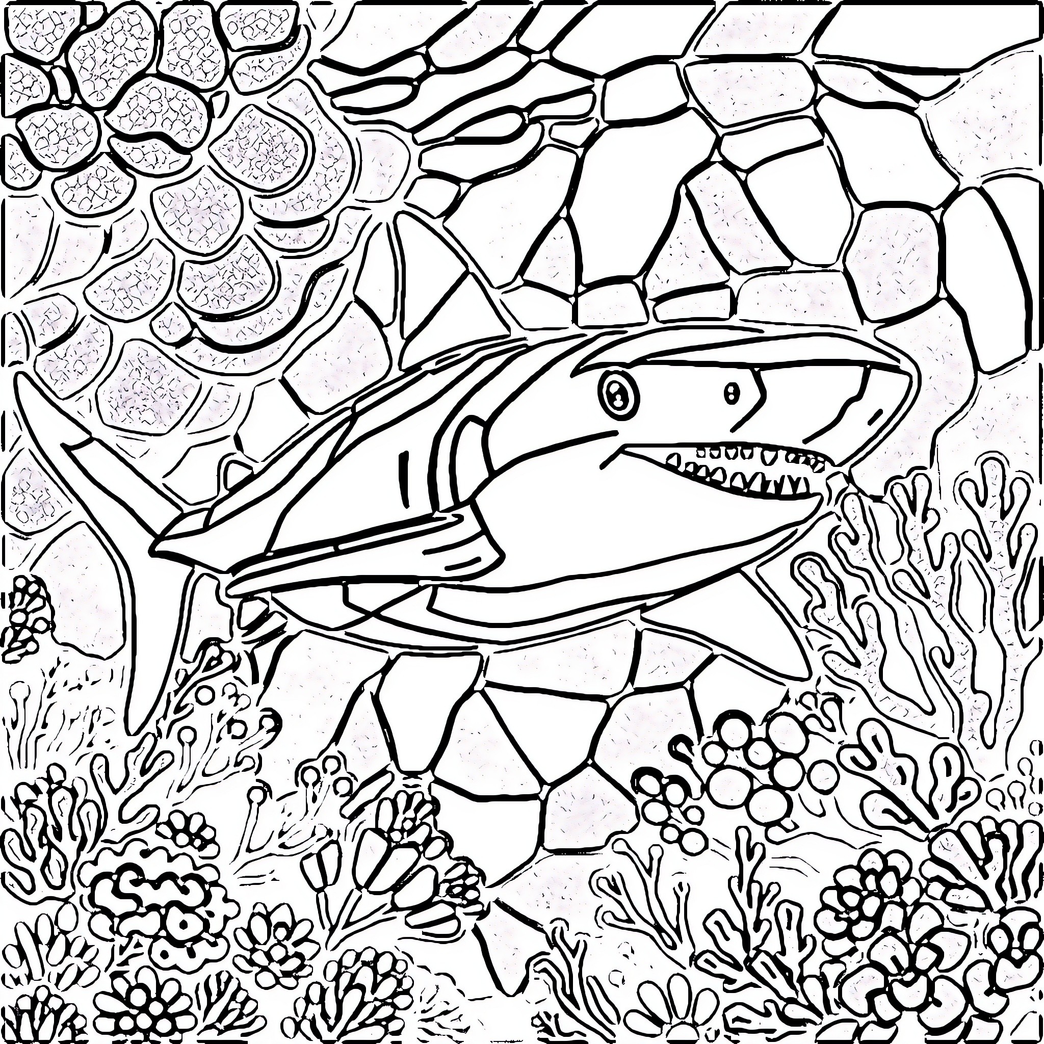 Shark exploring the underwater reef Coloring Page (free black-and-white line drawing printable PDF for all, from beginners to advanced learners, including children, teens, adults, and seniors)