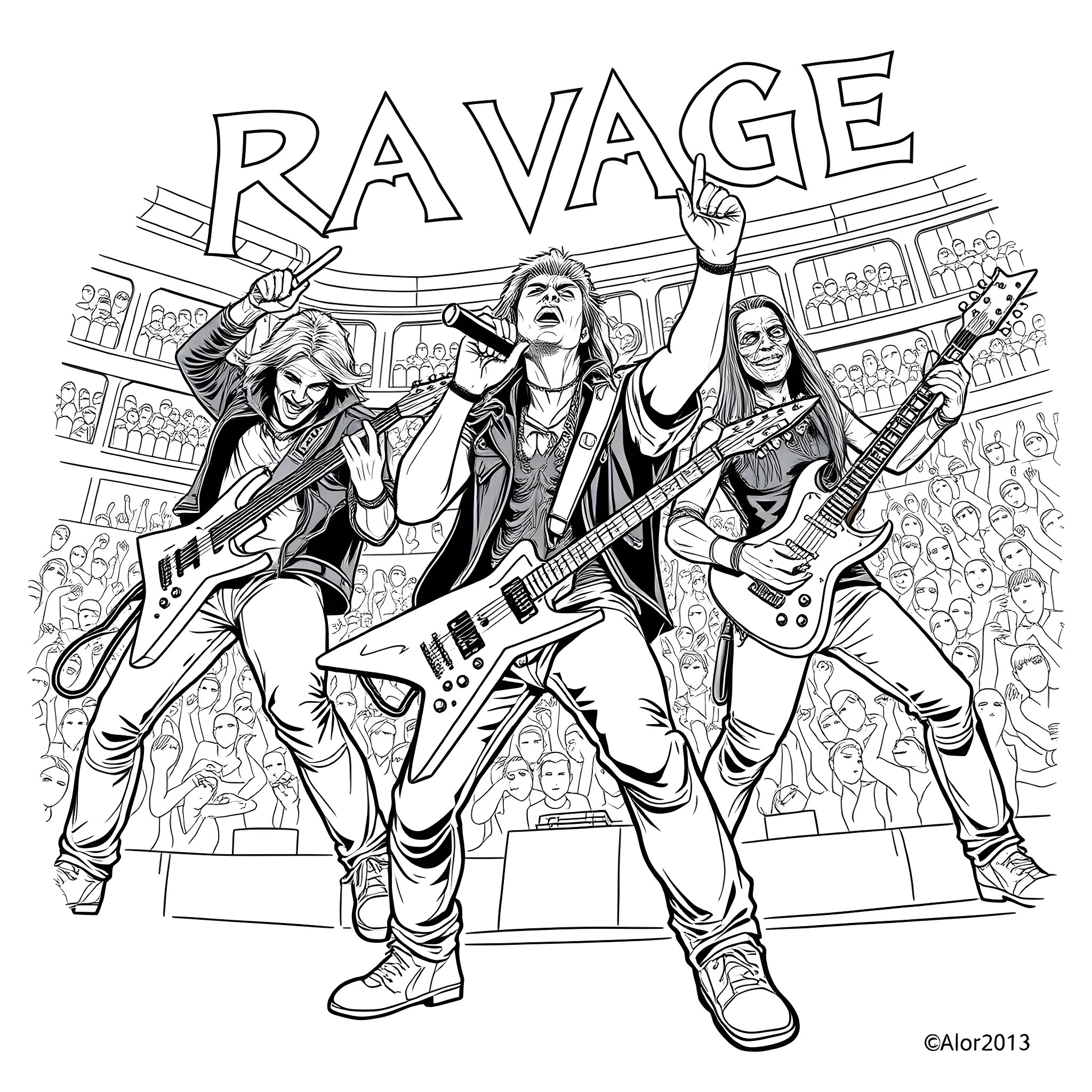 Band of musicians performing on stage with energy Coloring Page (free black-and-white line drawing printable PDF for all, from beginners to advanced learners, including children, teens, adults, and seniors)