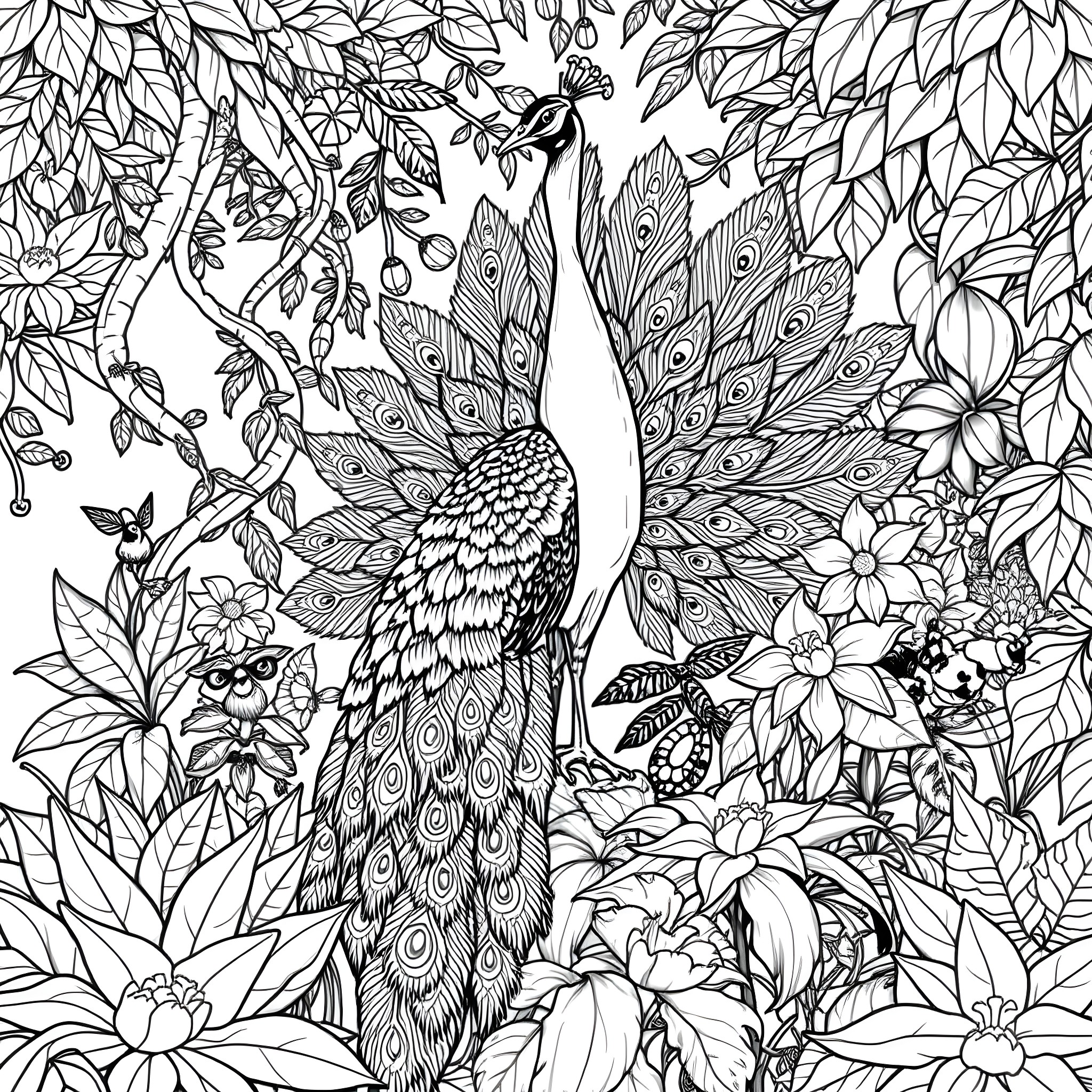 Peacock in a Lush Floral Landscape Coloring Page (free black-and-white line drawing printable PDF for all, from beginners to advanced learners, including children, teens, adults, and seniors)
