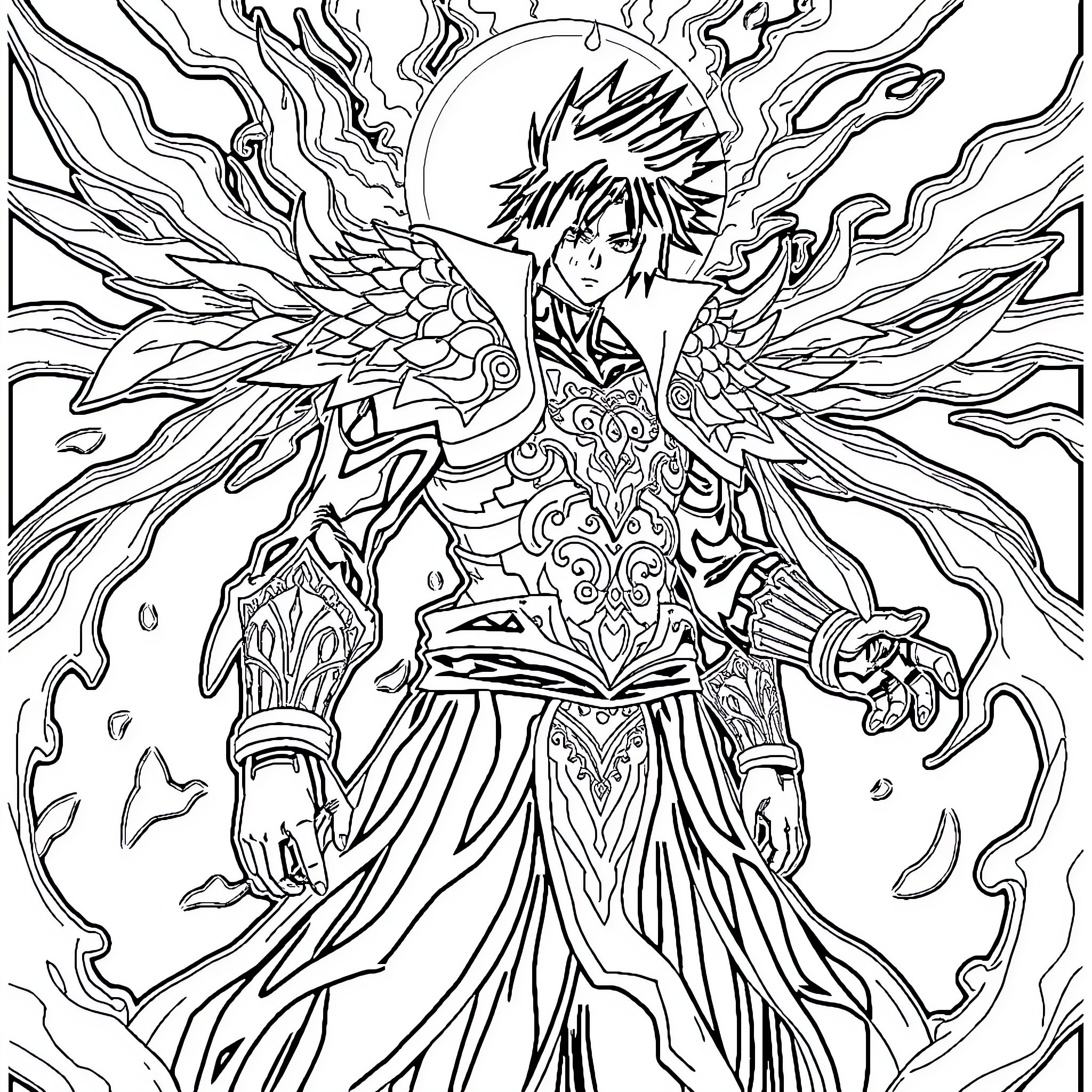Sasuke's Ethereal Transformation: Wings of Power and Sorcery Coloring Page (free black-and-white line drawing printable PDF for all, from beginners to advanced learners, including children, teens, adults, and seniors)