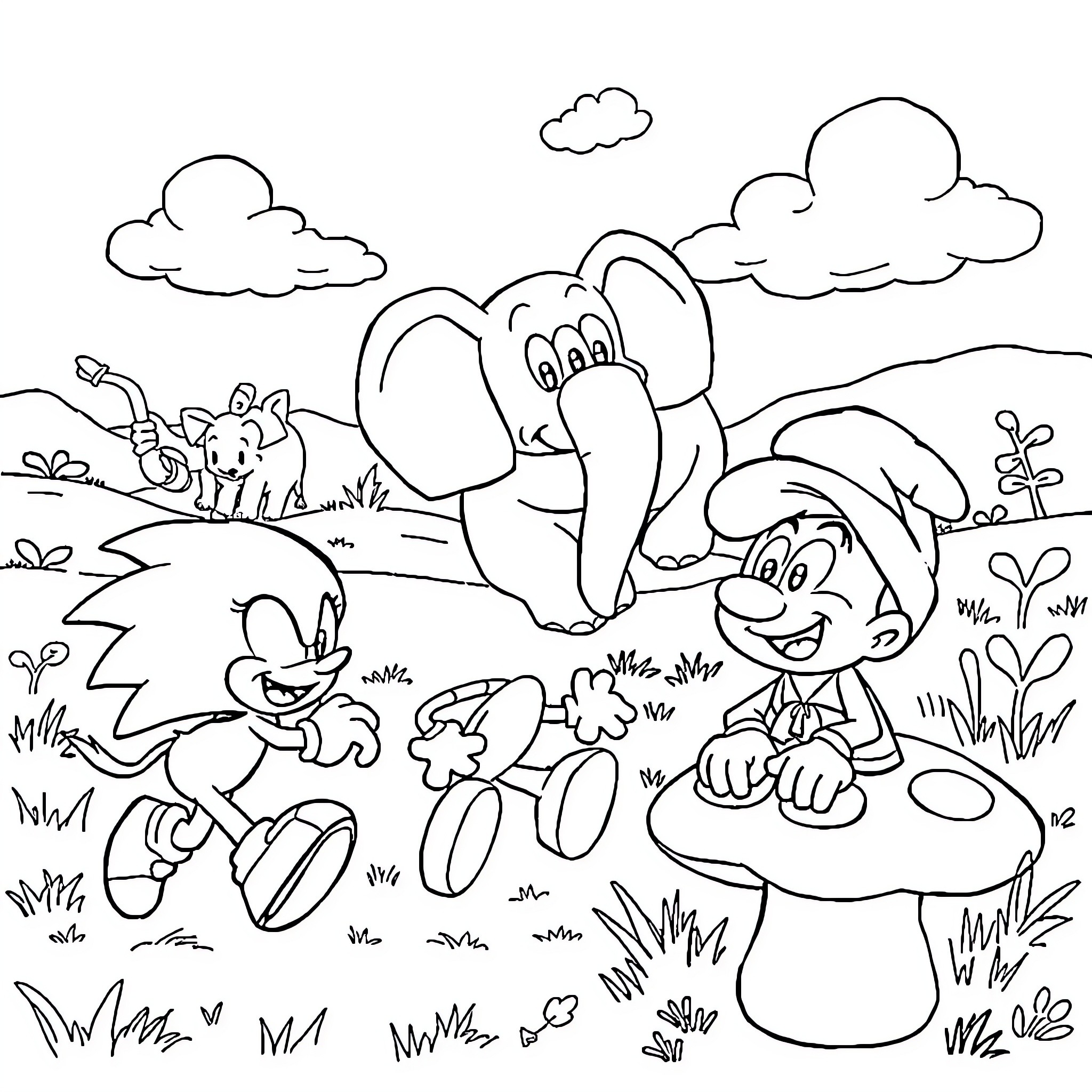 Elephant family exploring a whimsical forest landscape Coloring Page (free black-and-white line drawing printable PDF for all, from beginners to advanced learners, including children, teens, adults, and seniors)