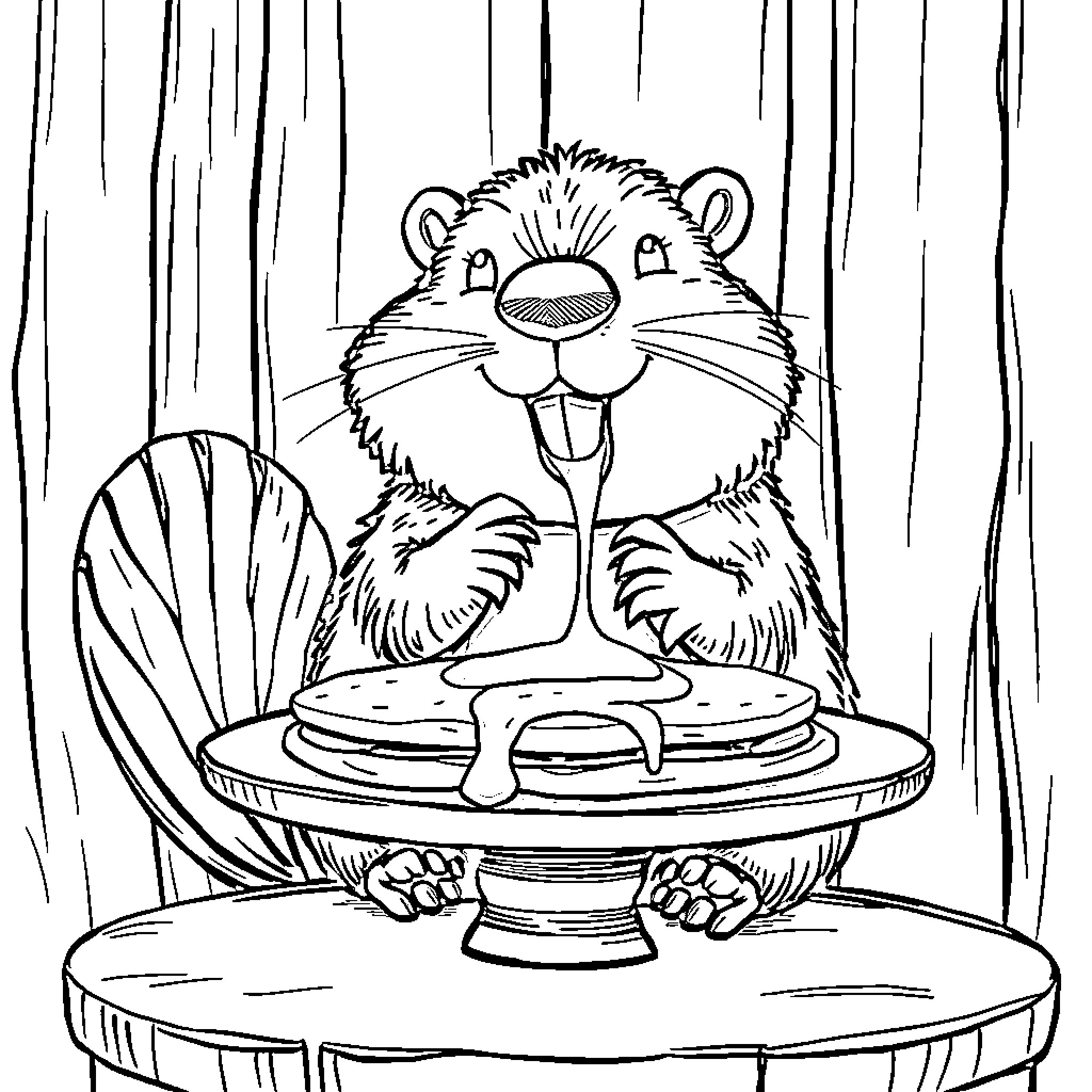 Beaver enjoying a stack of pancakes Coloring Page (free black-and-white line drawing printable PDF for all, from beginners to advanced learners, including children, teens, adults, and seniors)