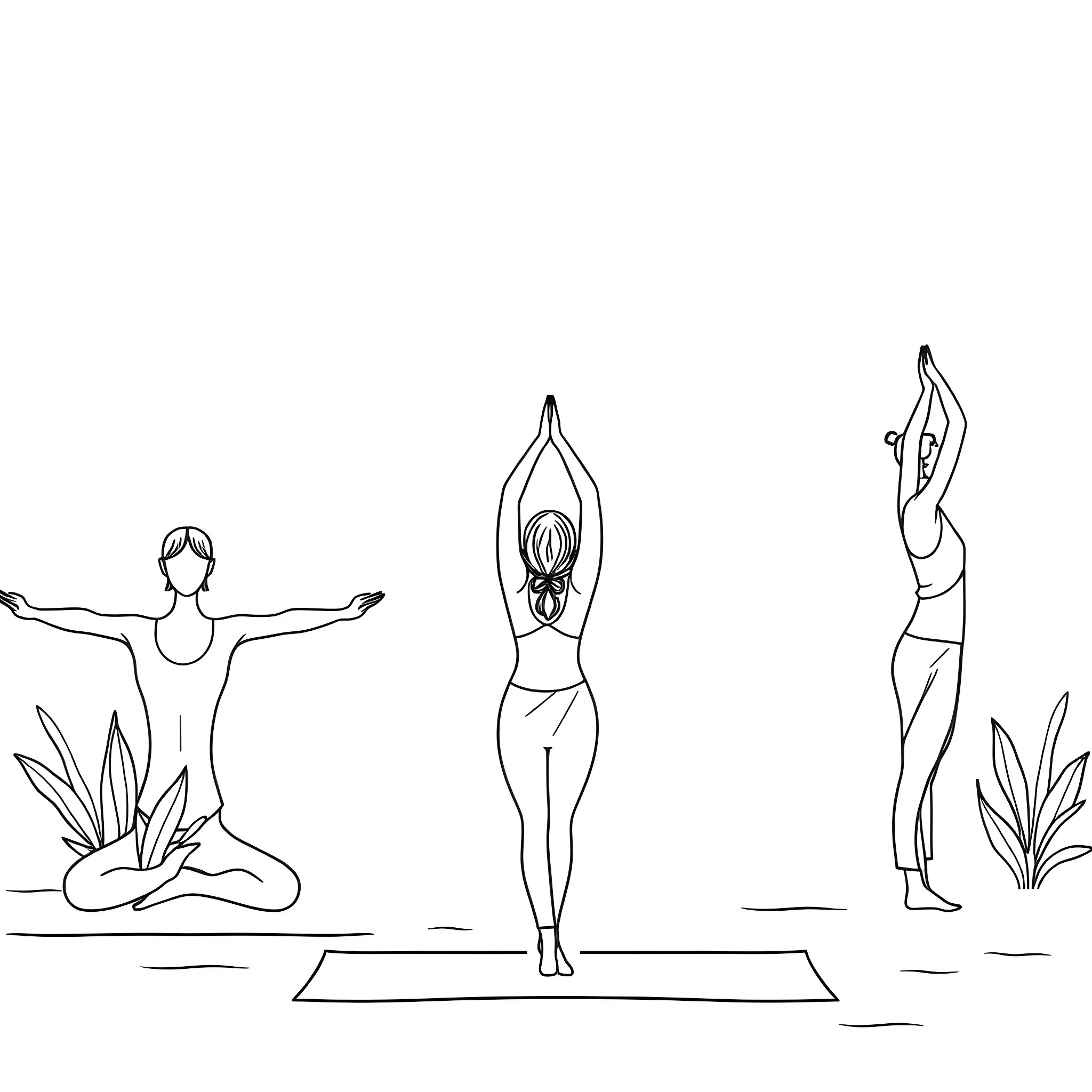 Women practicing yoga poses in nature Coloring Page (free black-and-white line drawing printable PDF for all, from beginners to advanced learners, including children, teens, adults, and seniors)