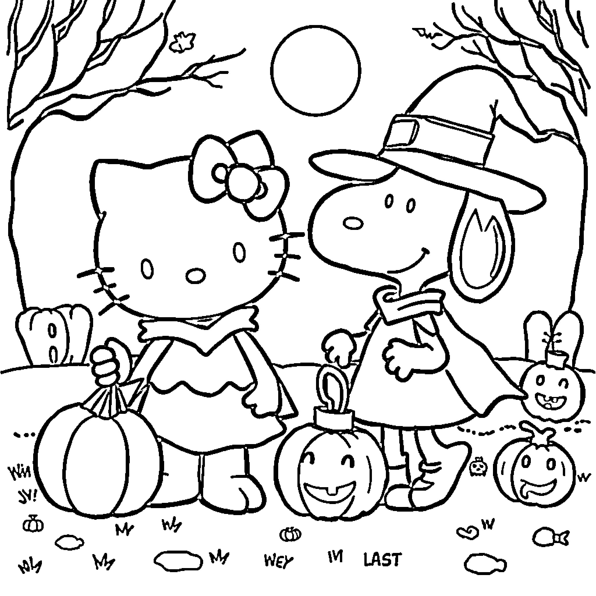Hello Kitty trick-or-treating with friends on Halloween Coloring Page (free black-and-white line drawing printable PDF for all, from beginners to advanced learners, including children, teens, adults, and seniors)