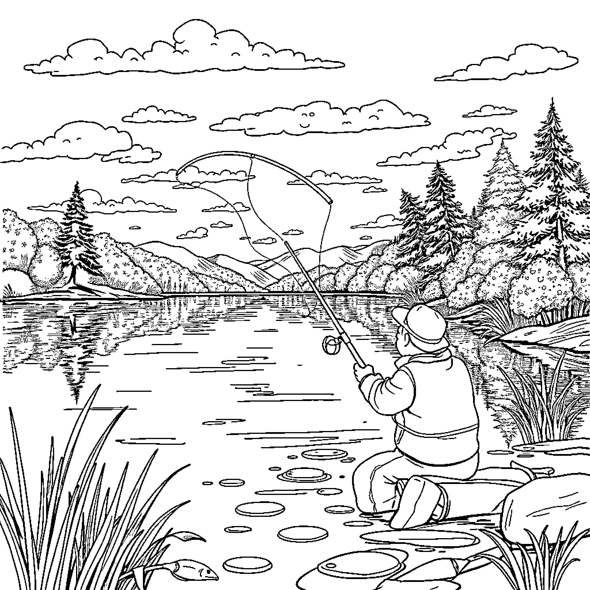 Fishing in a serene nature scene Coloring Page (free black-and-white line drawing printable PDF for all, from beginners to advanced learners, including children, teens, adults, and seniors)