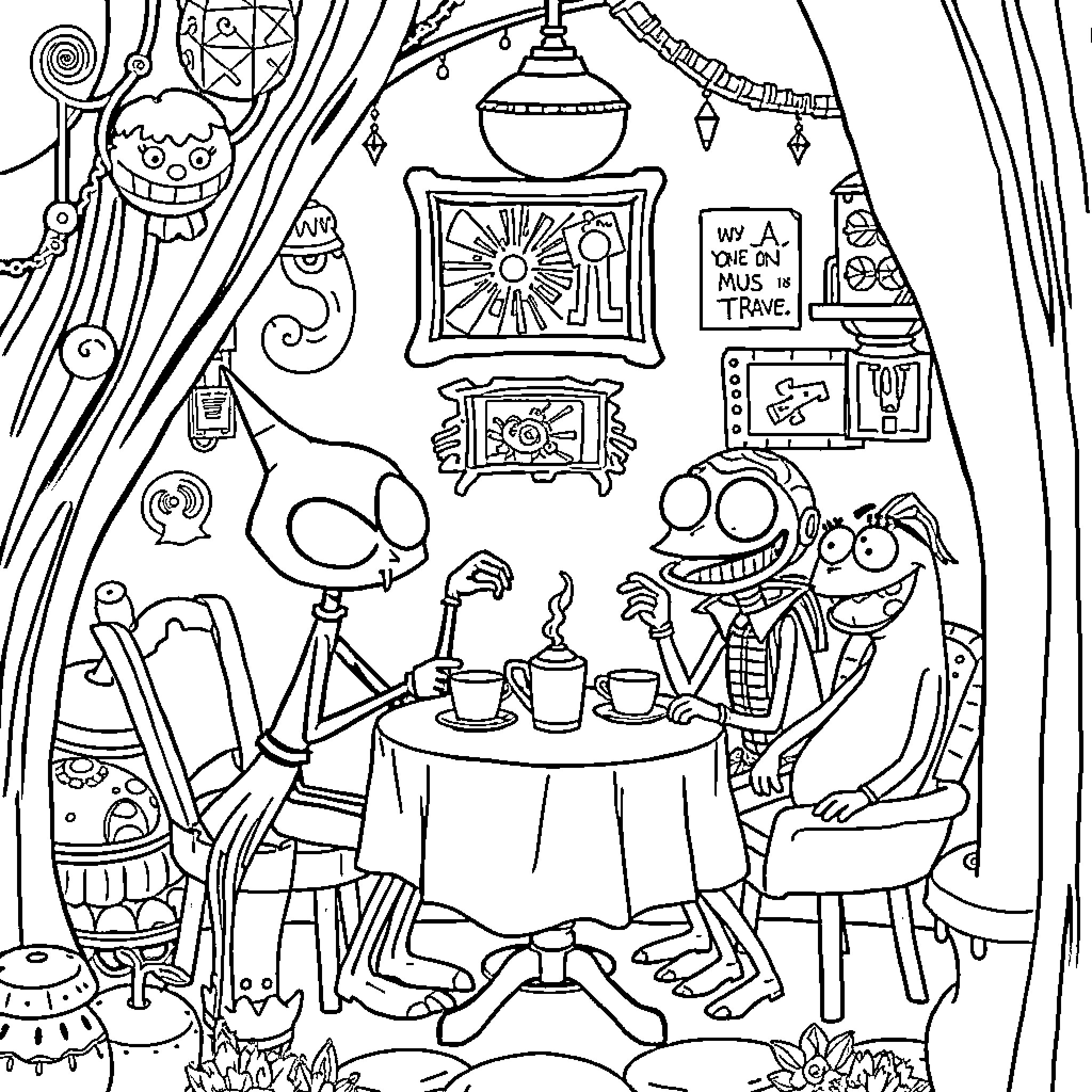 Invader Zim's Peculiar Gathering with Quirky Friends Coloring Page (free black-and-white line drawing printable PDF for all, from beginners to advanced learners, including children, teens, adults, and seniors)