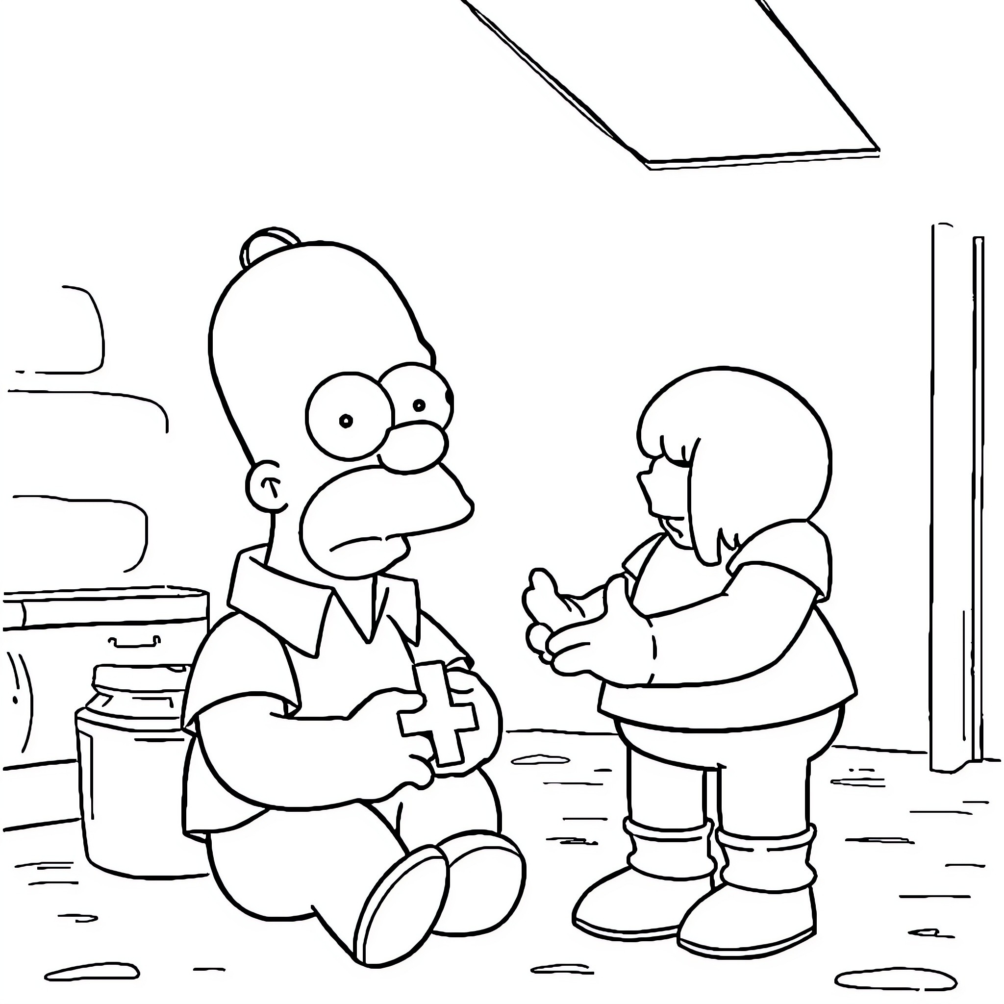 Homer Simpson helping a young boy in the hospital Coloring Page (free black-and-white line drawing printable PDF for all, from beginners to advanced learners, including children, teens, adults, and seniors)