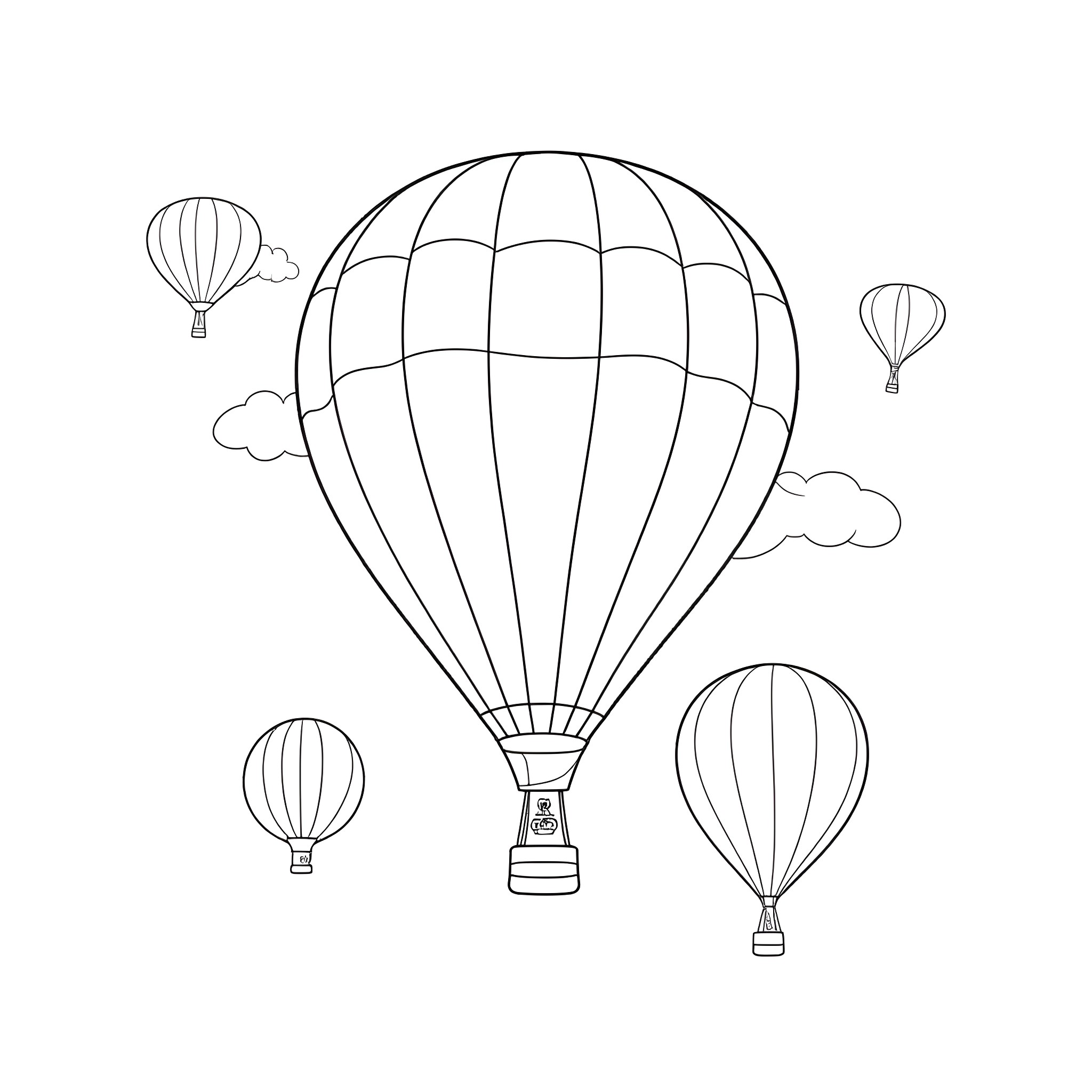 Hot Air Balloon Adventure in the Sky Coloring Page (free black-and-white line drawing printable PDF for all, from beginners to advanced learners, including children, teens, adults, and seniors)