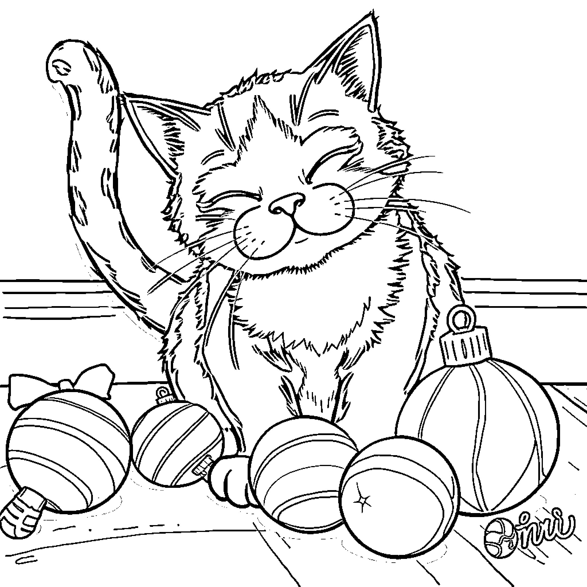 Cat playing with Christmas ornaments Coloring Page (free black-and-white line drawing printable PDF for all, from beginners to advanced learners, including children, teens, adults, and seniors)
