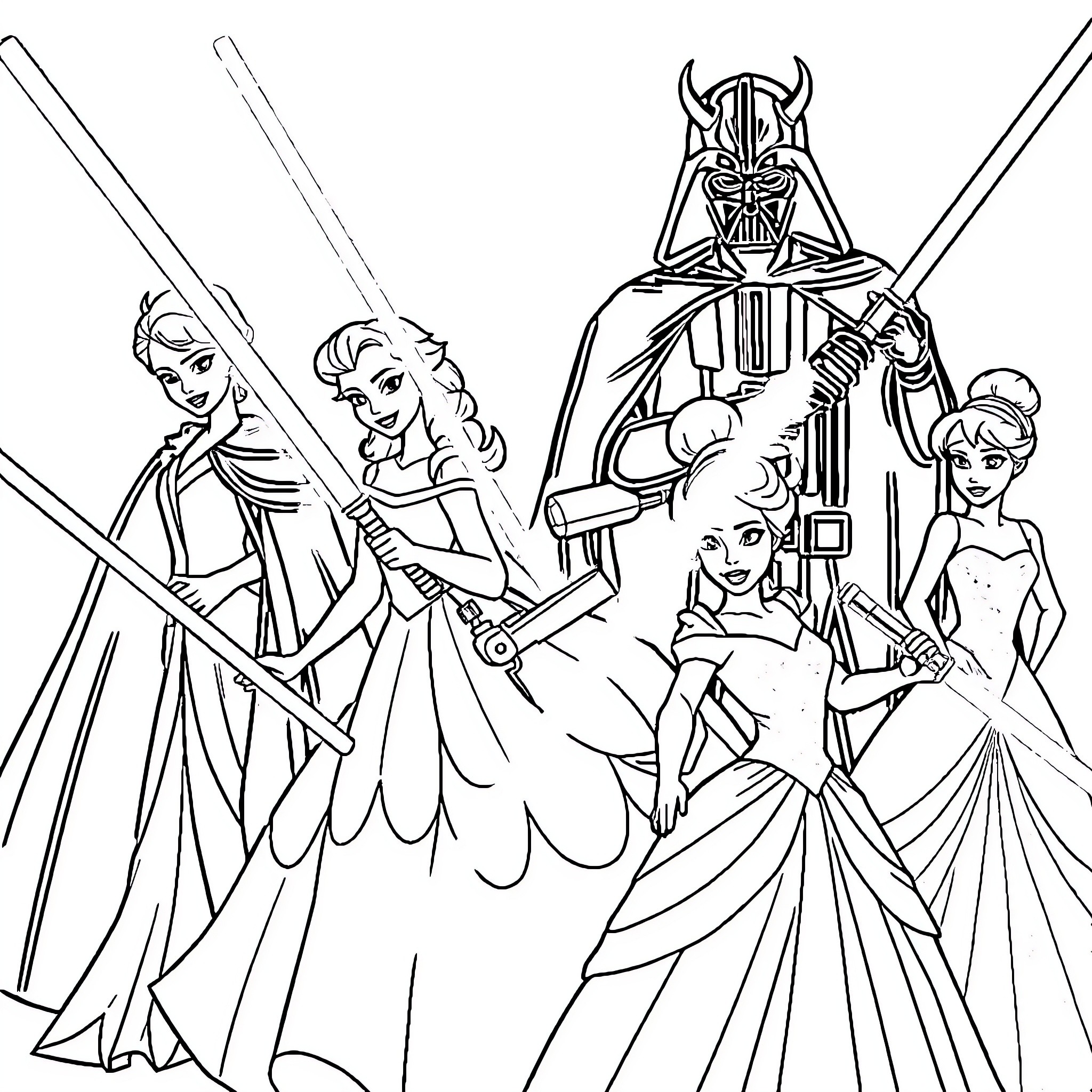 Character portrait of Star Wars characters in elaborate outfits Coloring Page (free black-and-white line drawing printable PDF for all, from beginners to advanced learners, including children, teens, adults, and seniors)