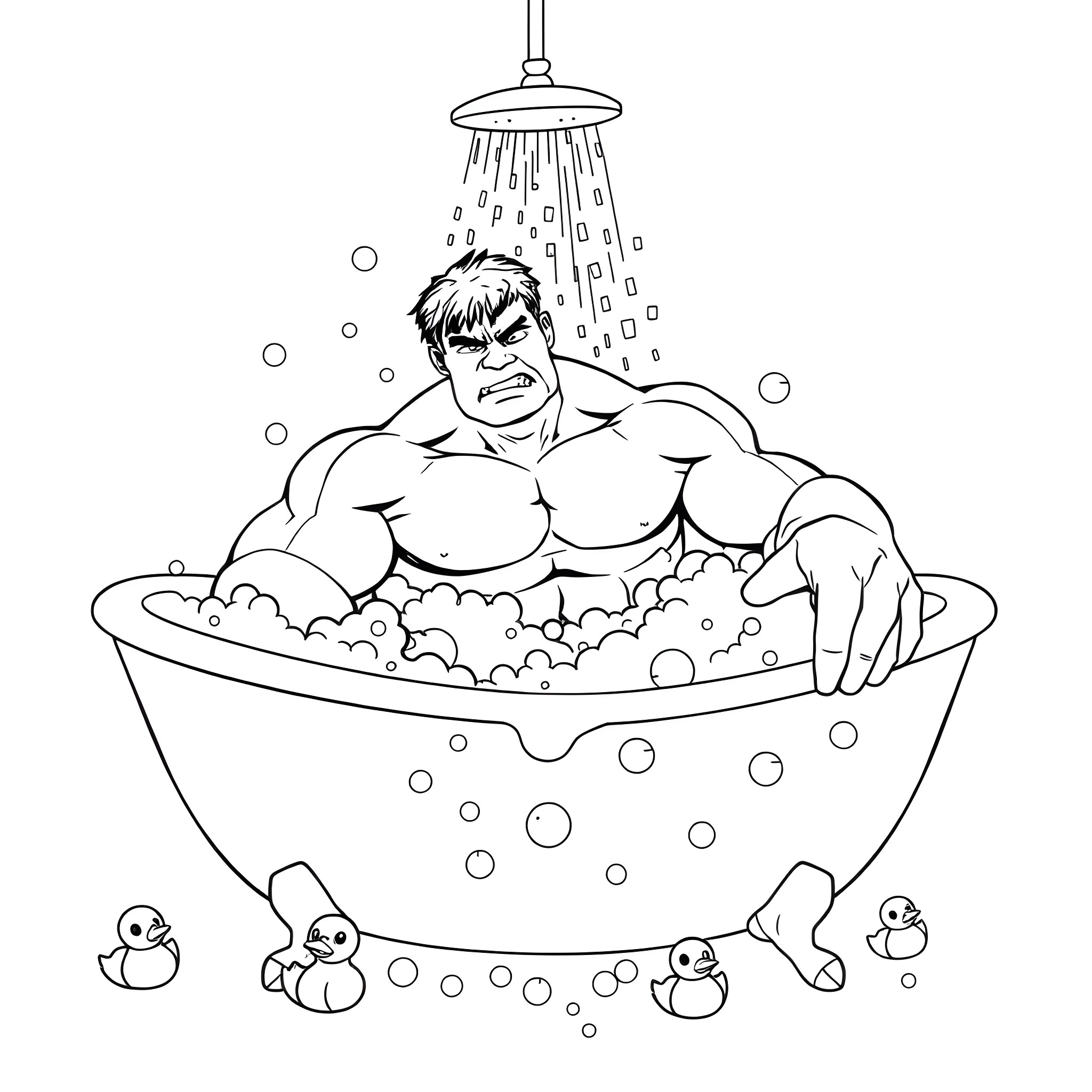 Hulk relaxing in a bubbly bath with rubber duckies Coloring Page (free black-and-white line drawing printable PDF for all, from beginners to advanced learners, including children, teens, adults, and seniors)