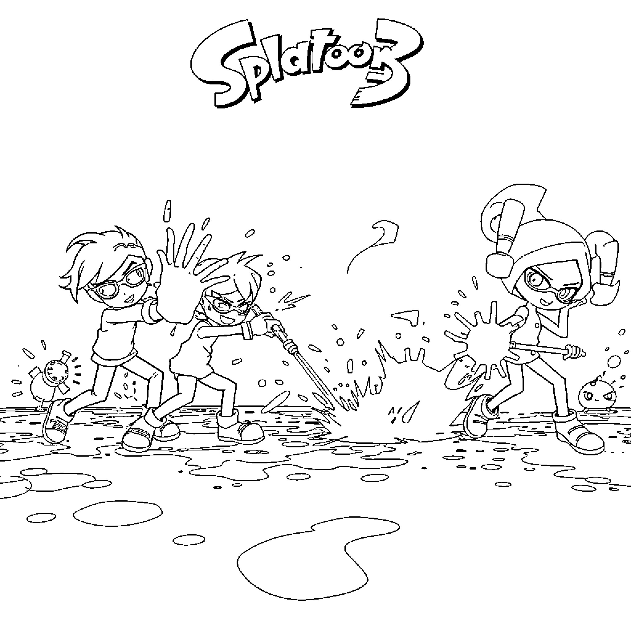 Splatoon characters engaged in playful water battle Coloring Page (free black-and-white line drawing printable PDF for all, from beginners to advanced learners, including children, teens, adults, and seniors)