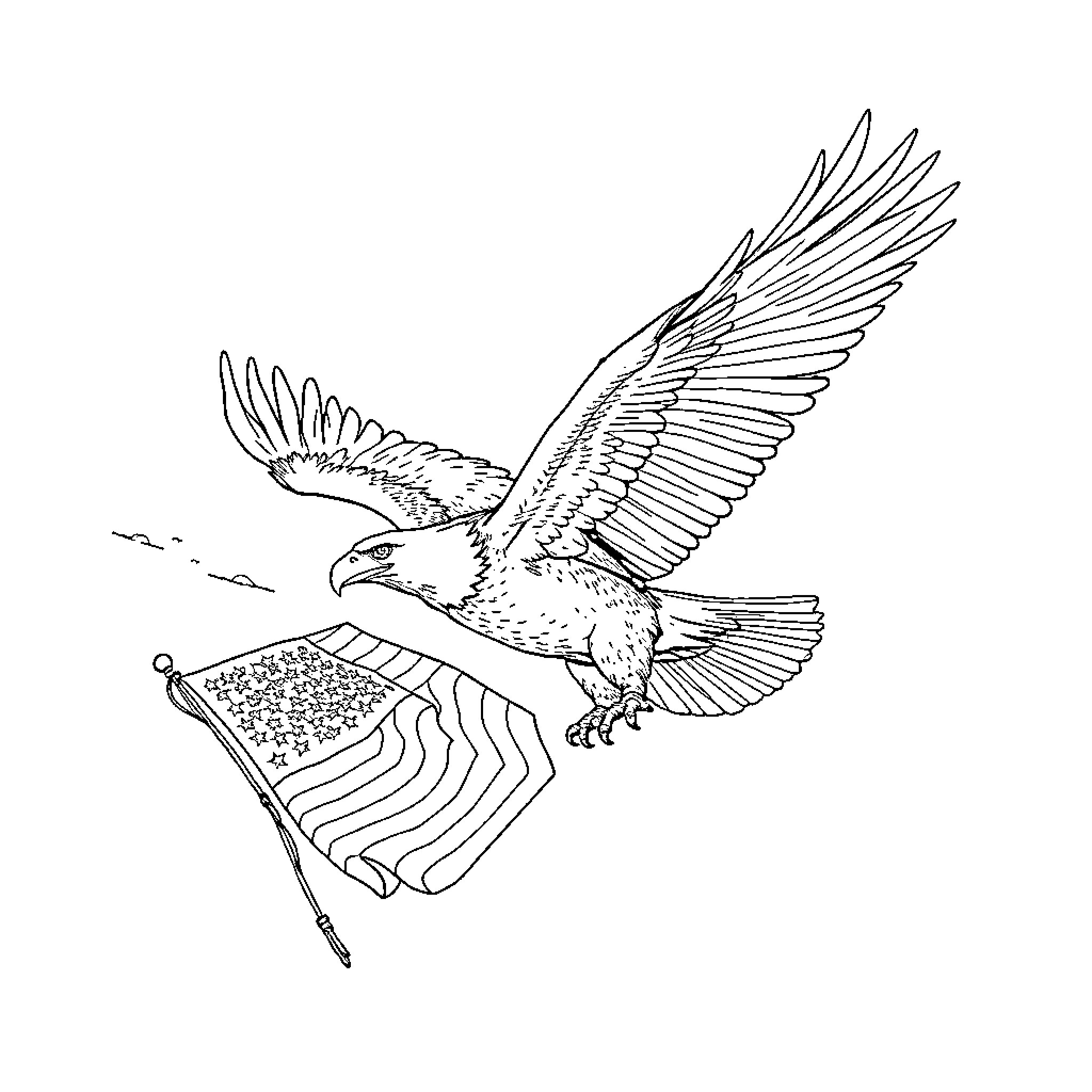 Eagle soaring with American flag banner Coloring Page (free black-and-white line drawing printable PDF for all, from beginners to advanced learners, including children, teens, adults, and seniors)