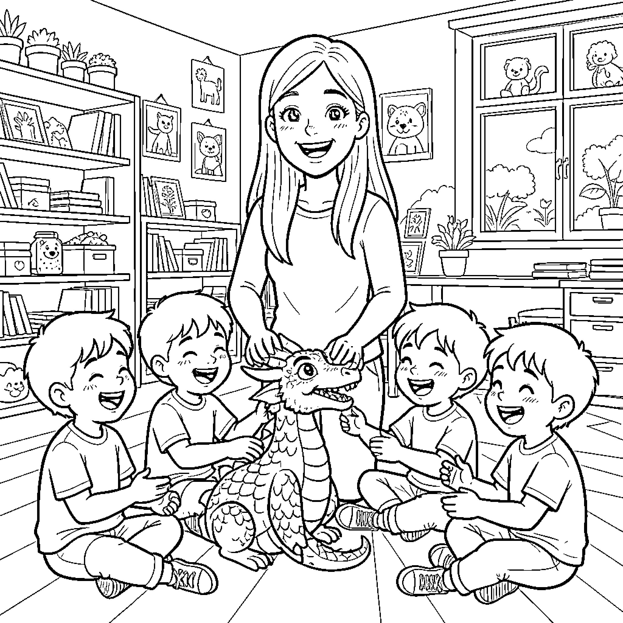 Maestra teaching joyful children in her classroom Coloring Page (free black-and-white line drawing printable PDF for all, from beginners to advanced learners, including children, teens, adults, and seniors)