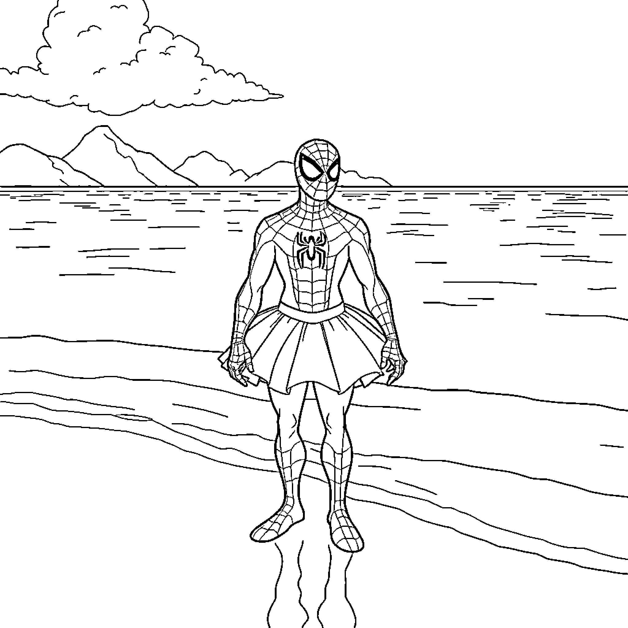 Spiderman wearing a skirt standing on a beach Coloring Page (free black-and-white line drawing printable PDF for all, from beginners to advanced learners, including children, teens, adults, and seniors)