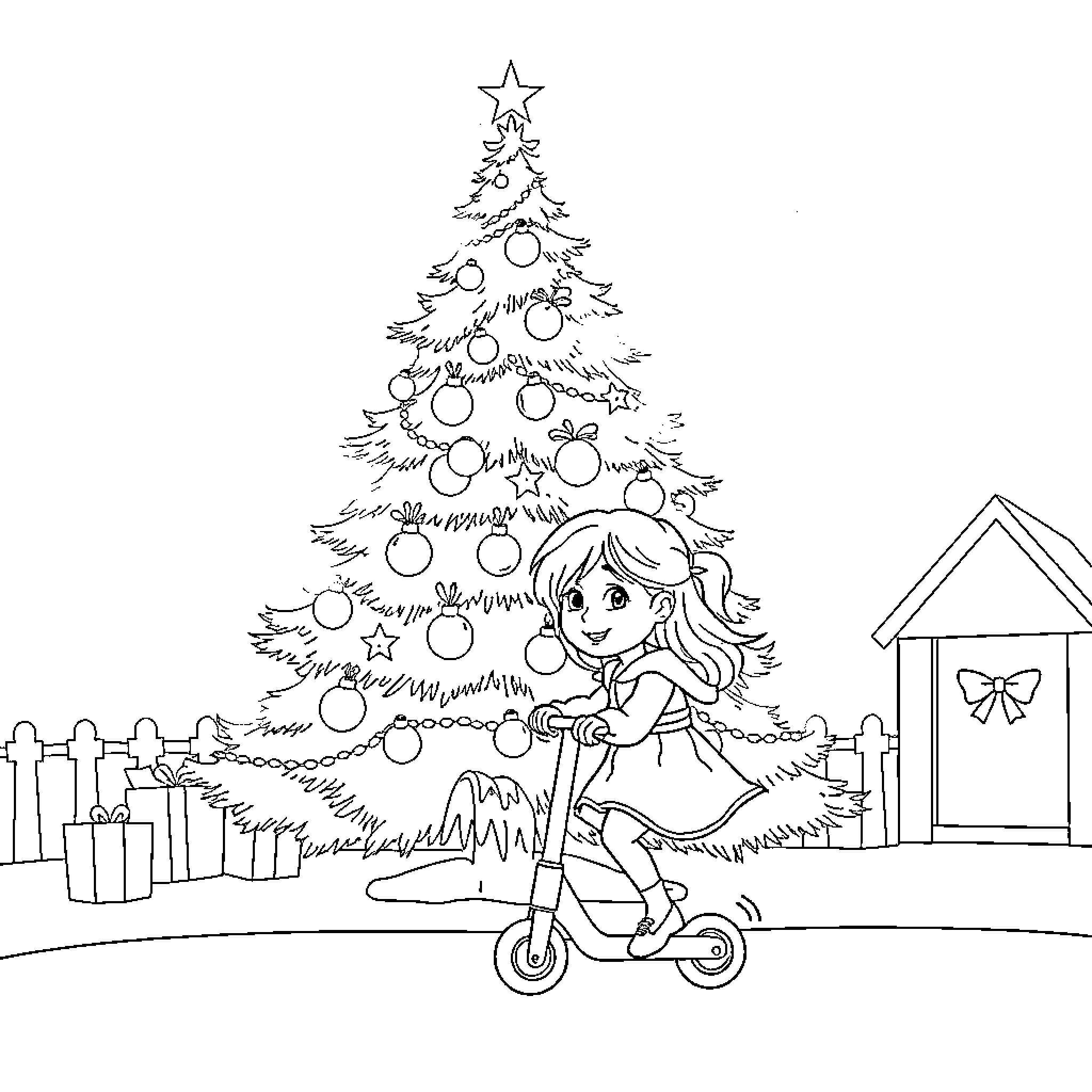 Christmas Tree with Girl on Scooter Coloring Page (free black-and-white line drawing printable PDF for all, from beginners to advanced learners, including children, teens, adults, and seniors)