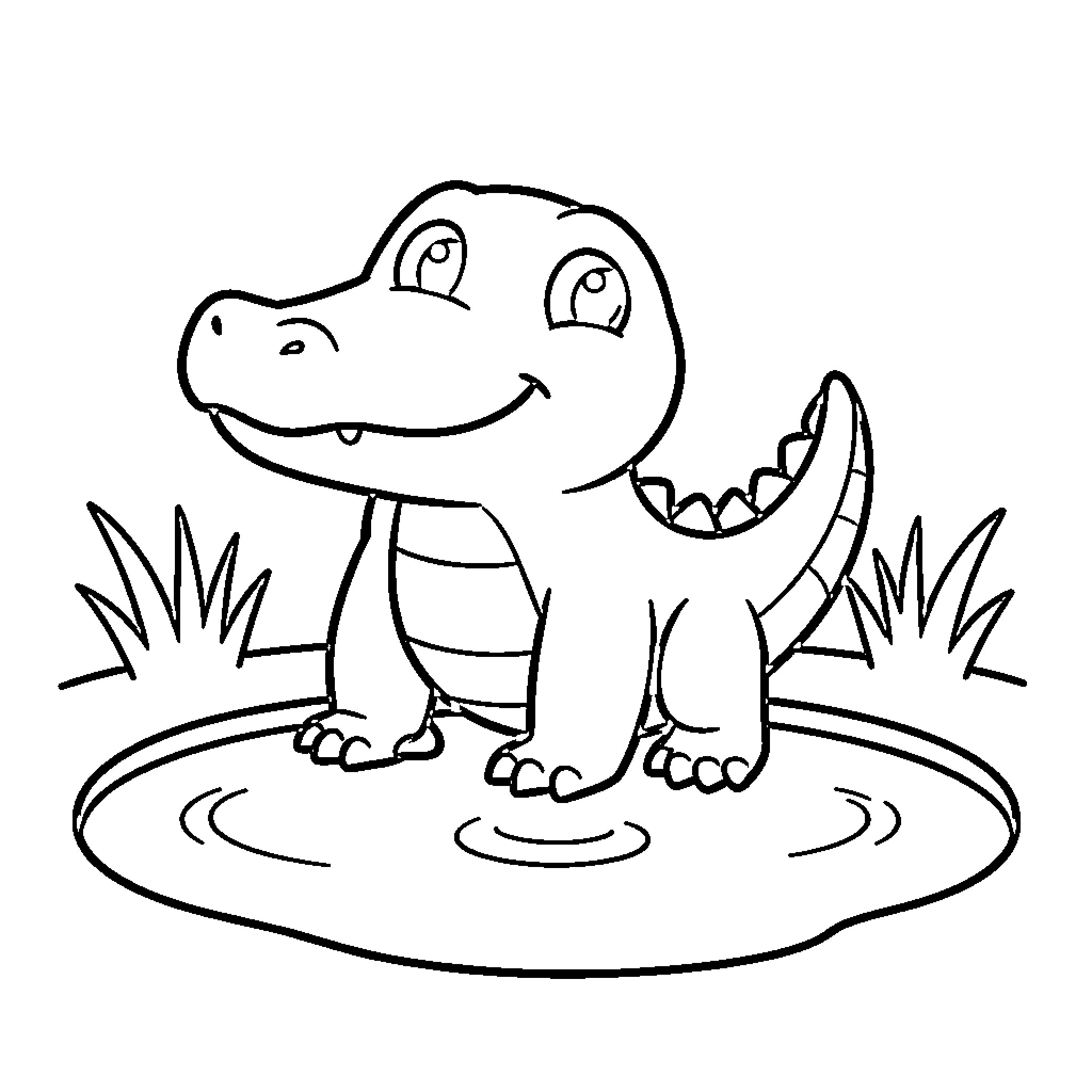 Alligator smiling while standing in a small puddle Coloring Page (free black-and-white line drawing printable PDF for all, from beginners to advanced learners, including children, teens, adults, and seniors)