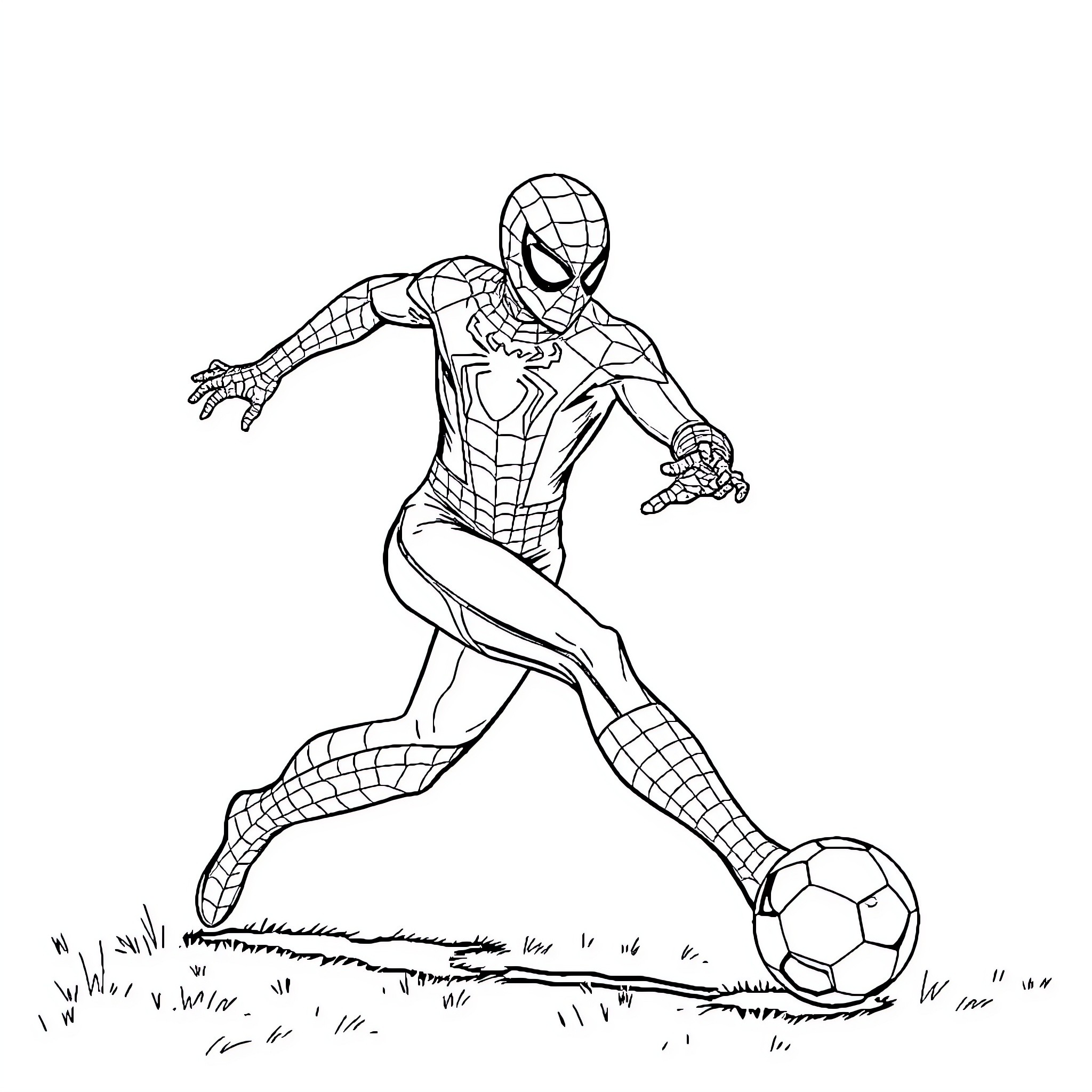 Spiderman playing soccer on the field Coloring Page (free black-and-white line drawing printable PDF for all, from beginners to advanced learners, including children, teens, adults, and seniors)